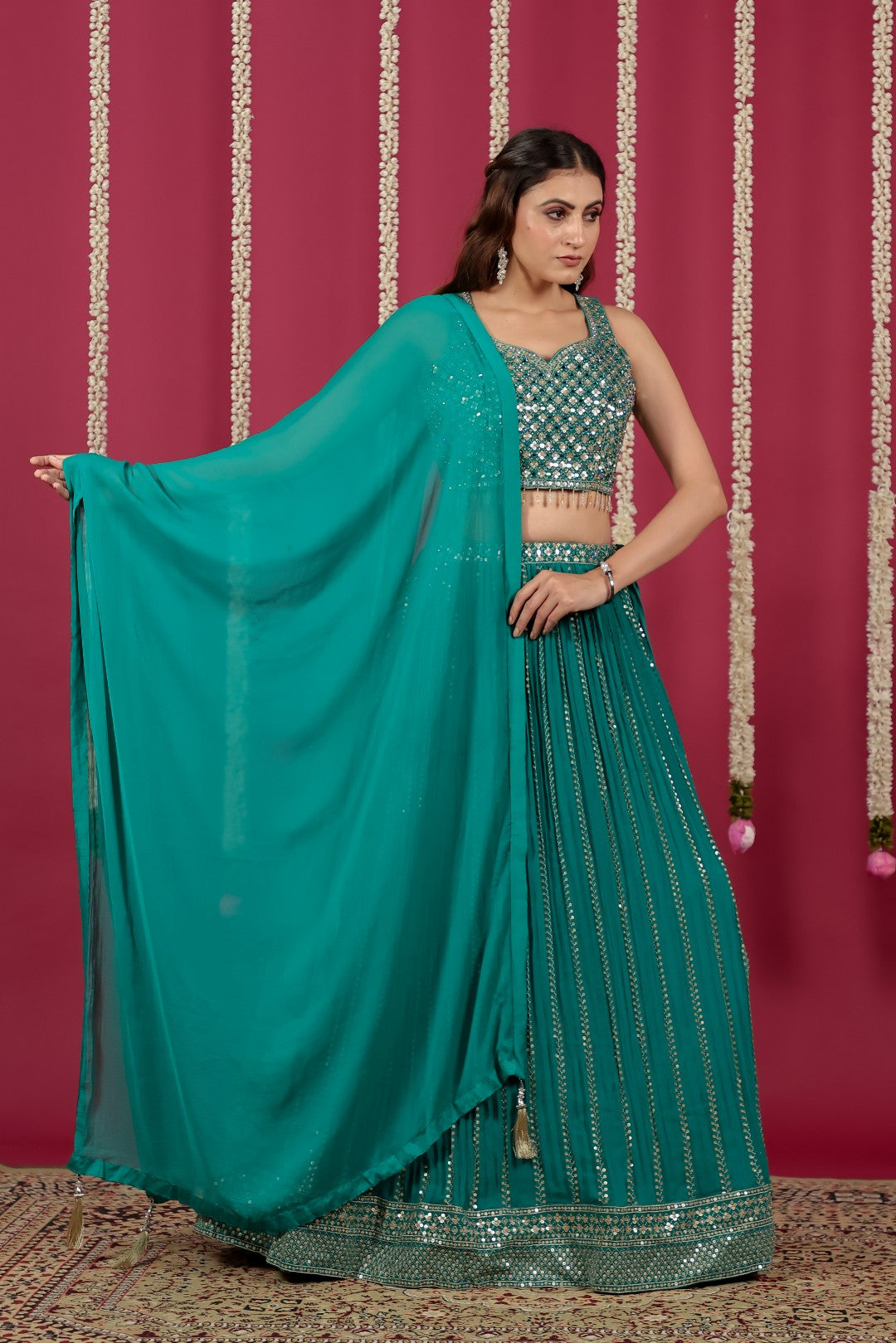 Rama Green Georgette Lehenga with Sequin & Mirror Work Blouse & Dupatta