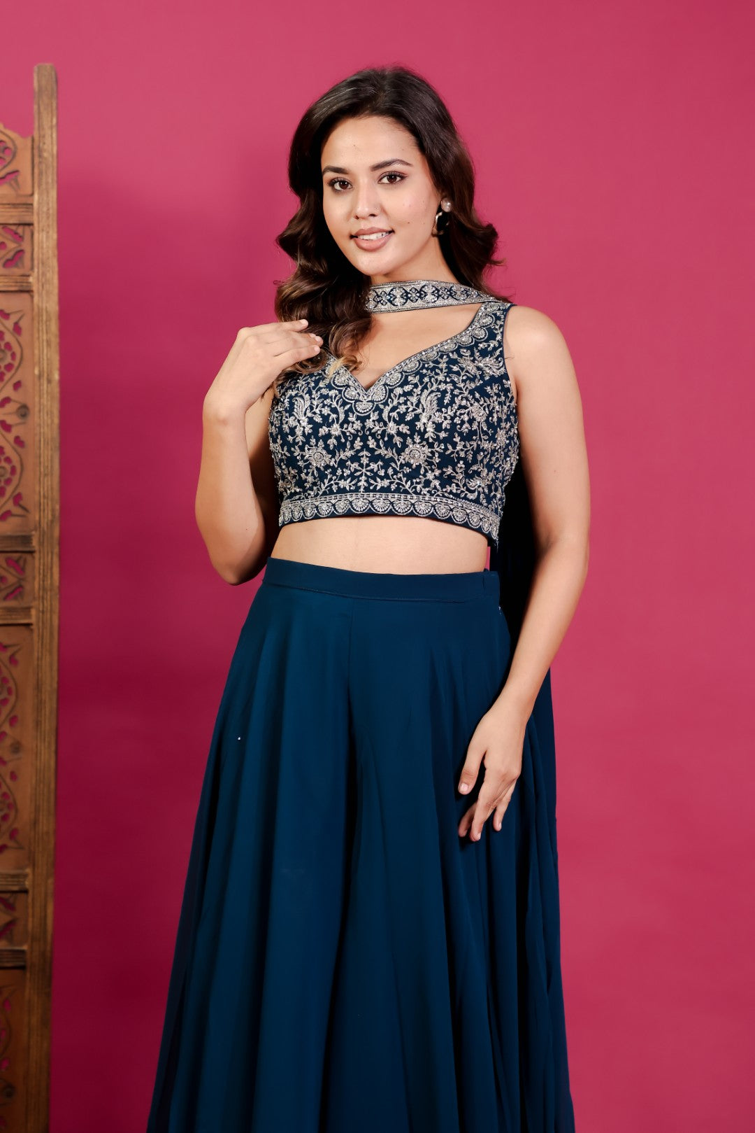 Diesel Blue Georgette Blouse with Heavy Zari Work, Sharara & Dupatta