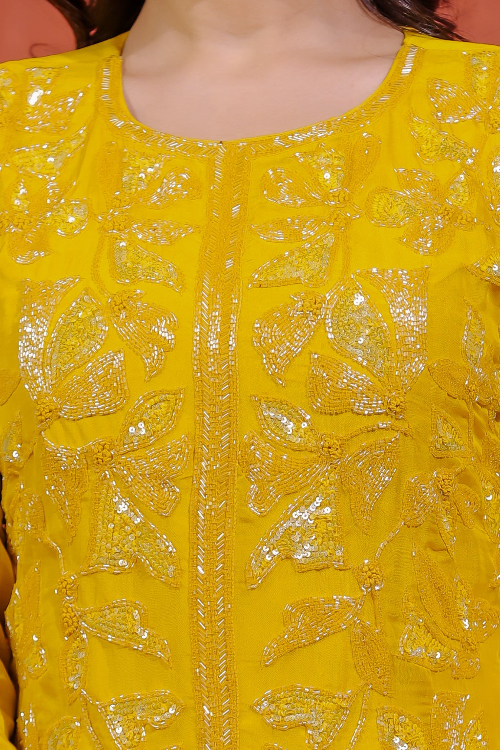 Yellow Pure Organza Top with Sequin Handwork, Sharara & Dupatta