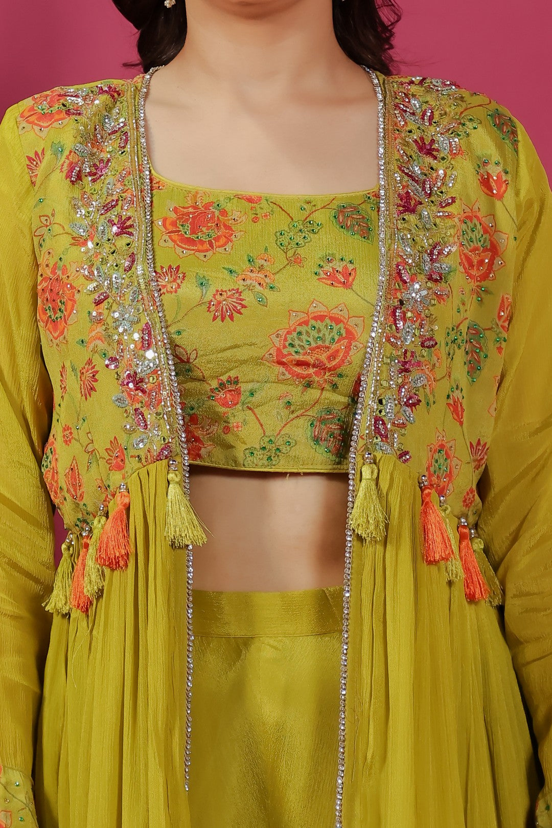 Mehendi Green Chinon Silk Printed Blouse, Sharara & Handwork Shrug