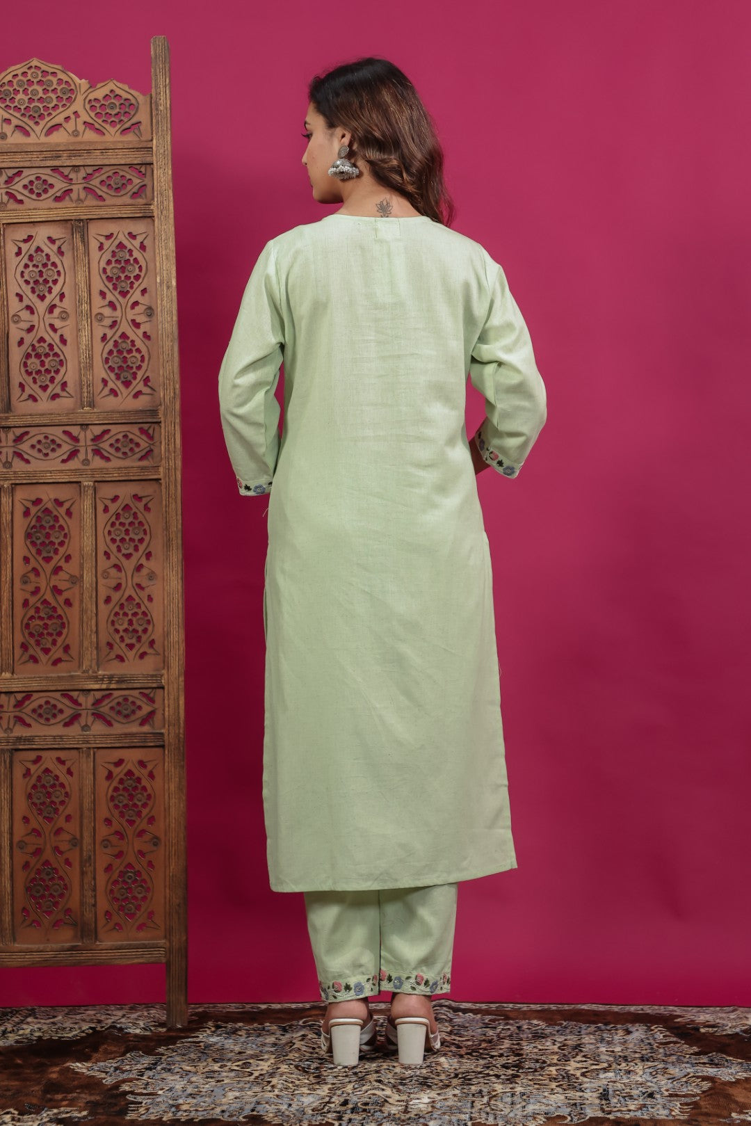 Pista Green Linen Cotton Suit with Thread Embroidery, Bottom & Dupatta