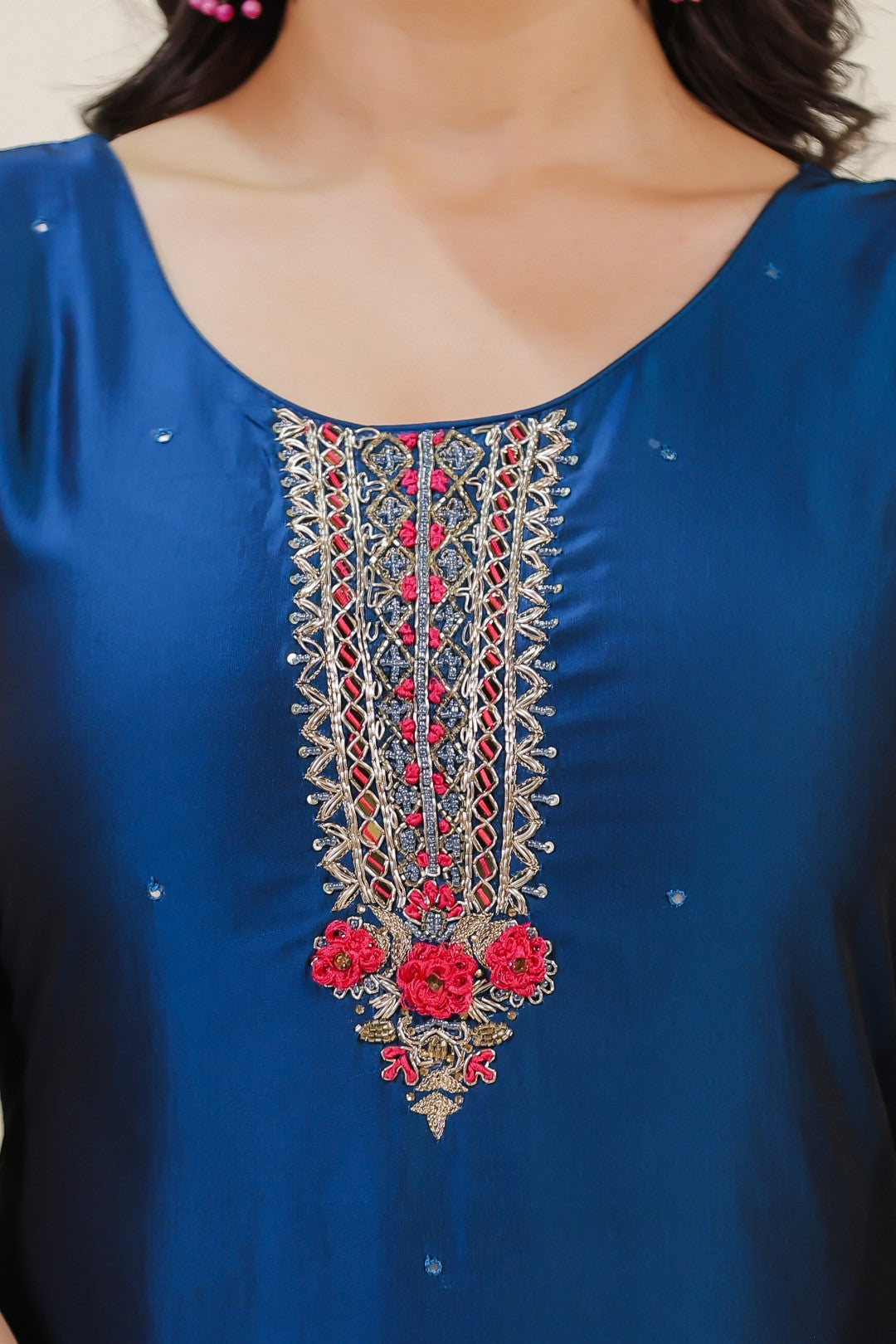 Diesel Blue Muslin Silk Suit with Handwork, Bottom & Dupatta