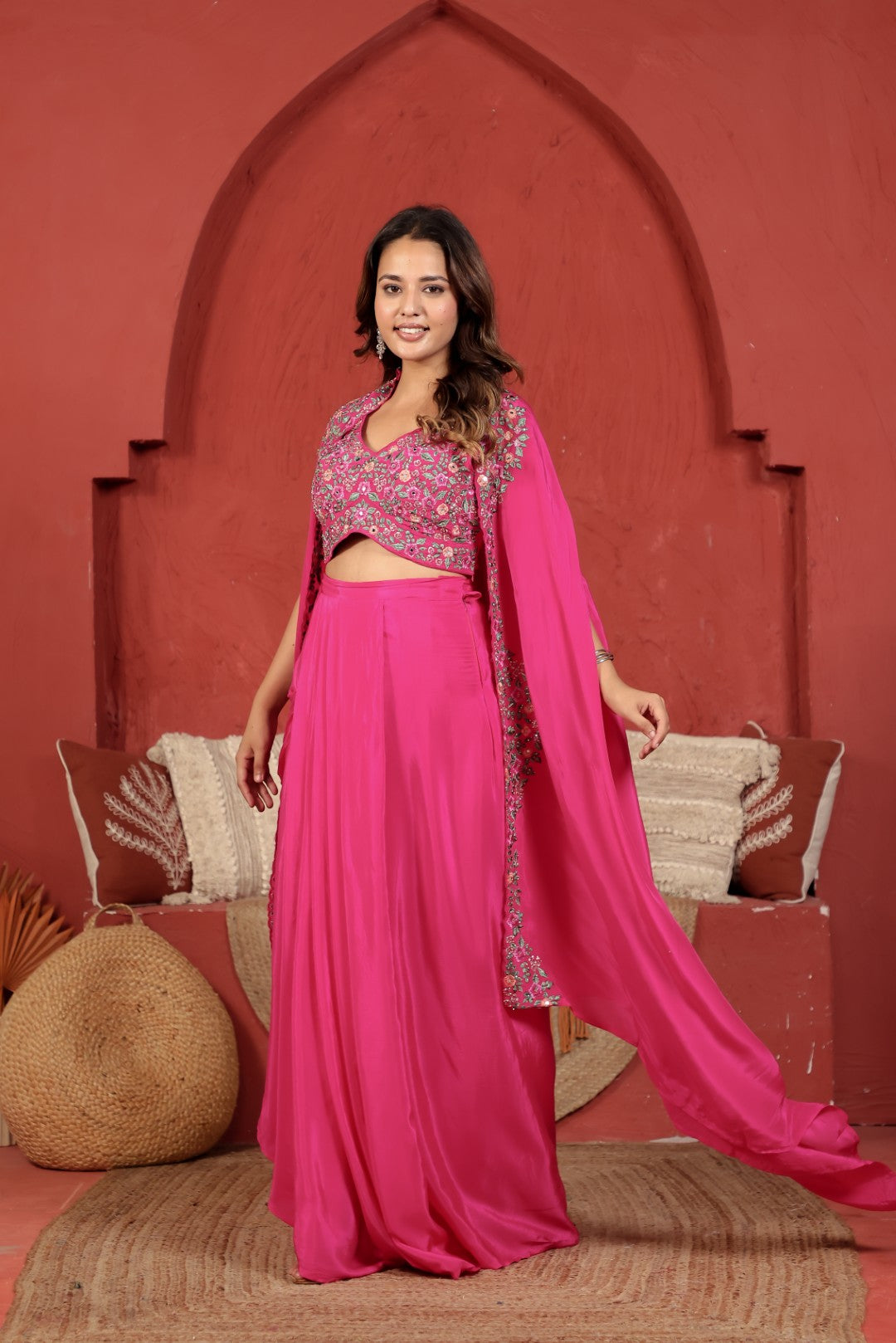 Rani Pink Crepe Silk Blouse with Thread & Mirror Work, Dhoti & Shrug