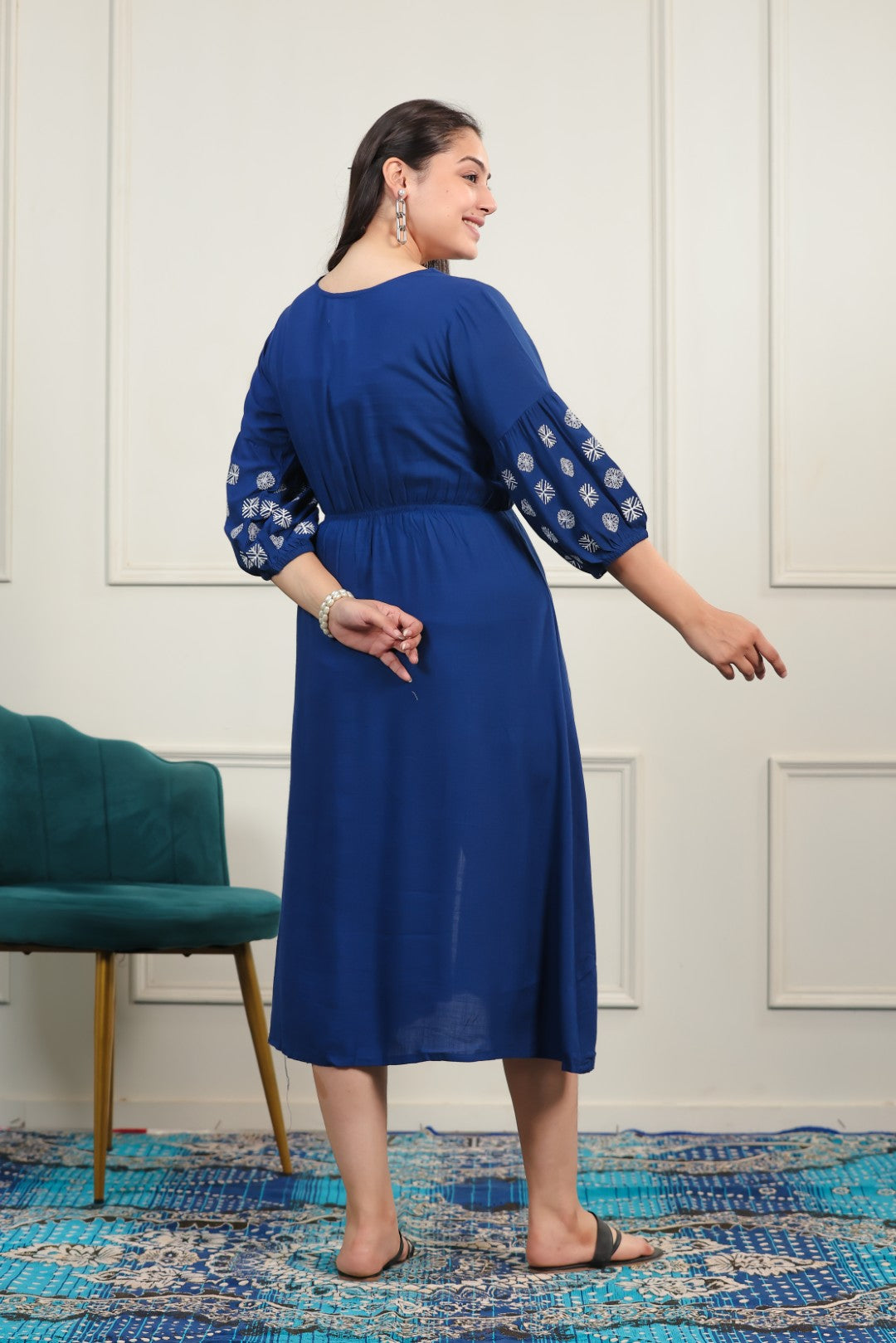 Royal Blue Rayon with White Thread Work Midi Dress