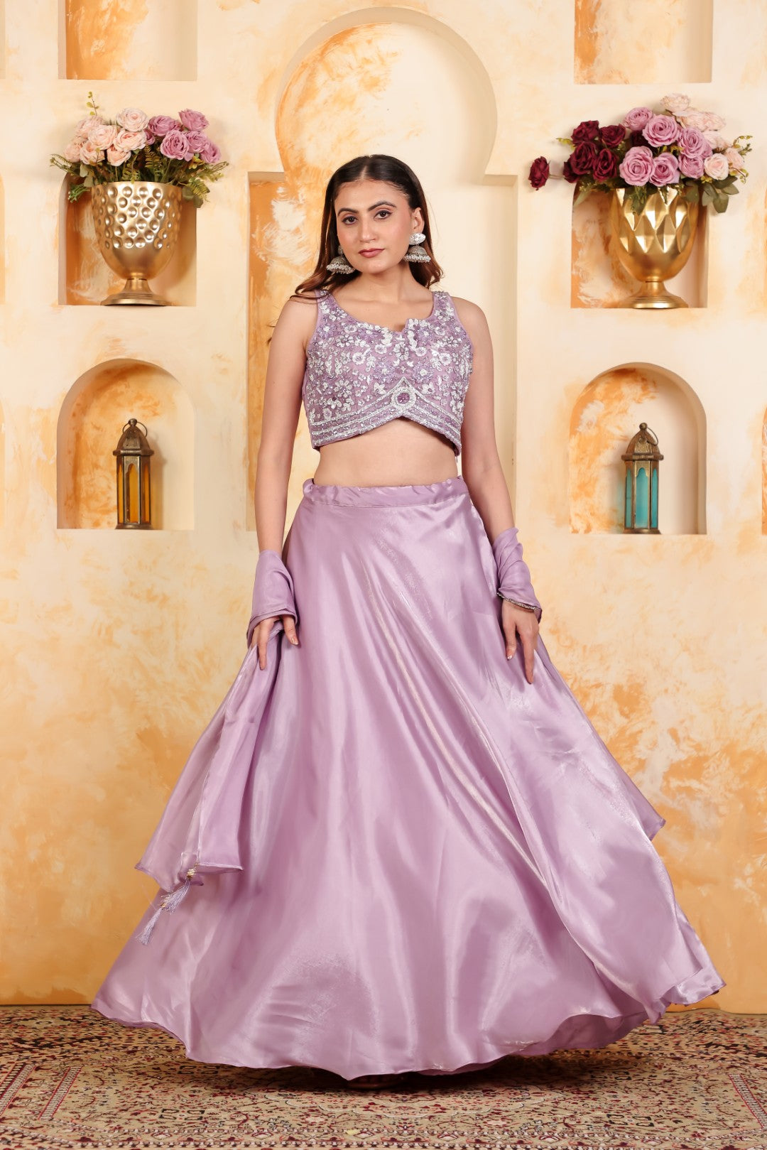 Lavender Jimmy Choo Lehenga with Piping Handwork Blouse & Dupatta
