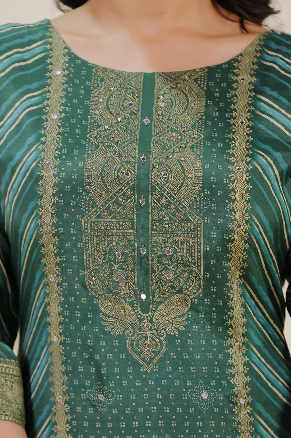 Green Silk Leheriya Print Suit with Foil Work, Bottom & Dupatta