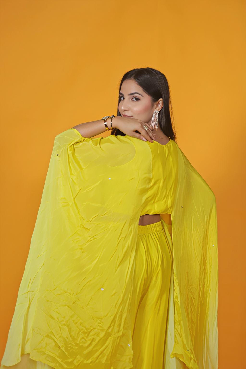 Yellow Crepe Silk Kaftan with Handwork and Sharara