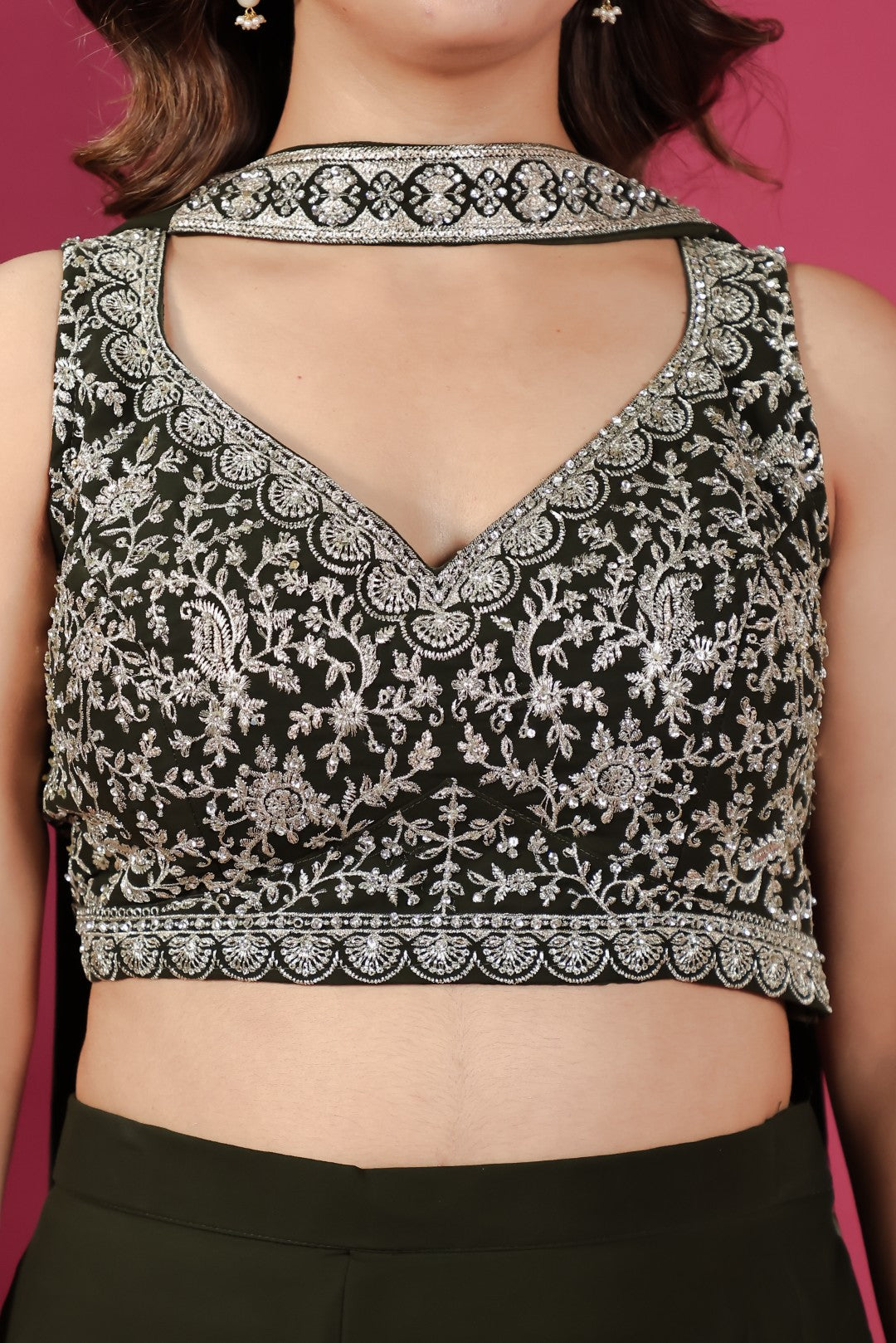 Dark Green Georgette Blouse with Heavy Zari Work, Sharara & Dupatta