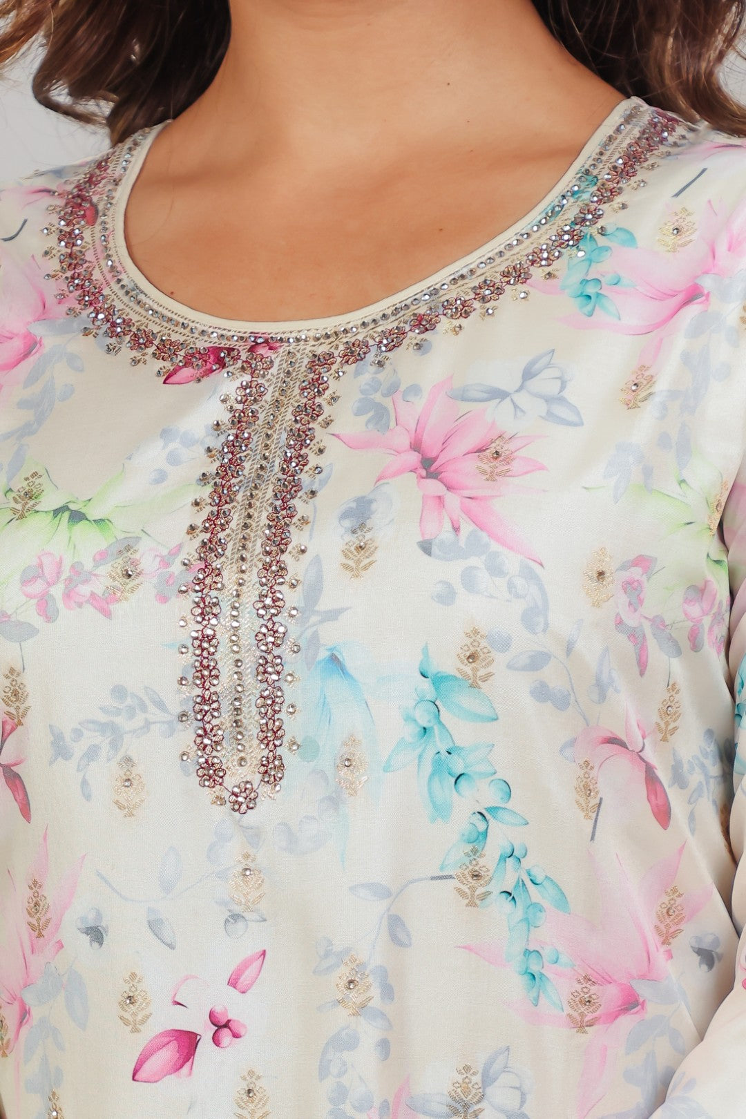 Off White Muslin Silk Suit with Colorful Floral Print, Pant & Dupatta