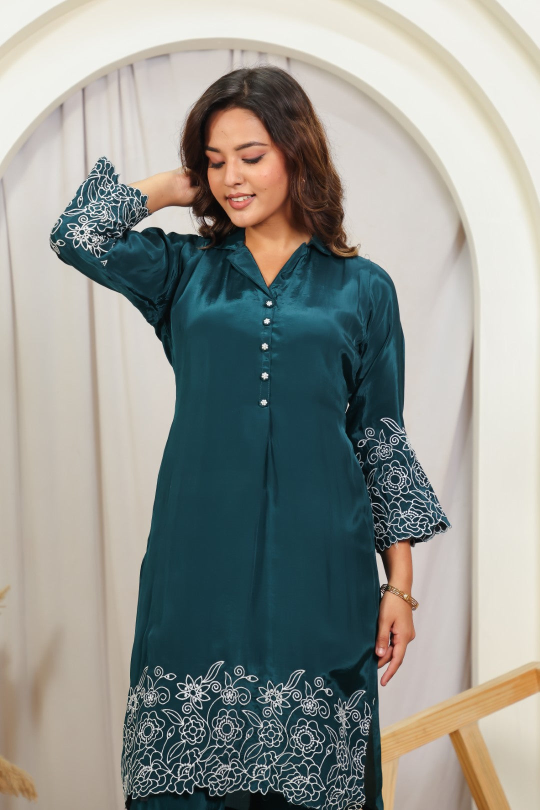 Bottle Green Crepe Silk with White Thread Work Co-ord Set