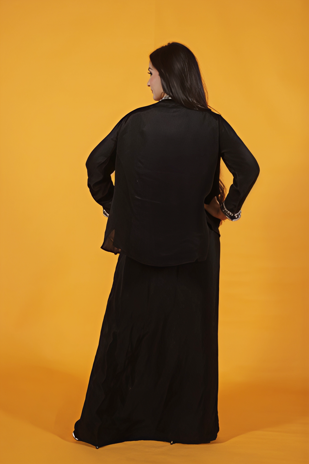 Black Crepe Silk Ponchu with Handwork and Matching Dhoti