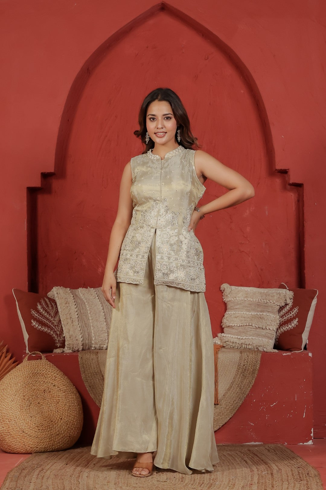 Beige Mosh Silk Jacket with Thread & Stone Work, Palazzo & Dupatta