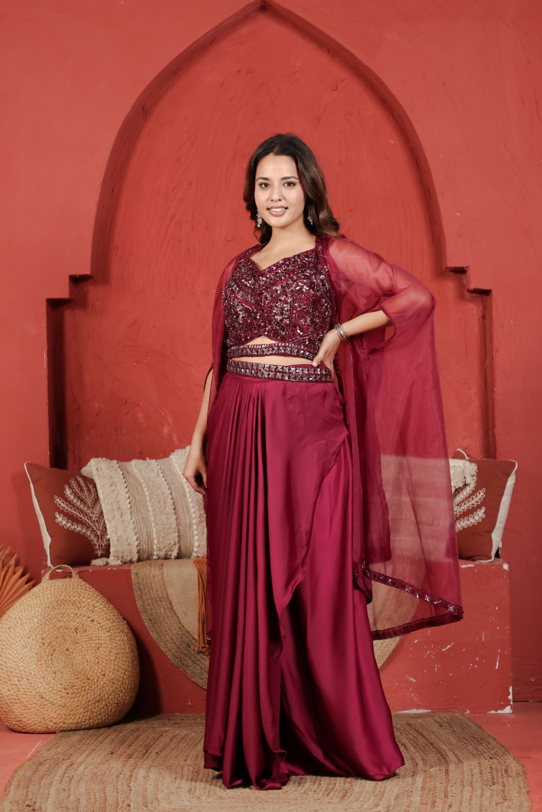 Maroon Satin Silk Dhoti Set with Handwork Blouse, Shrug & Belt