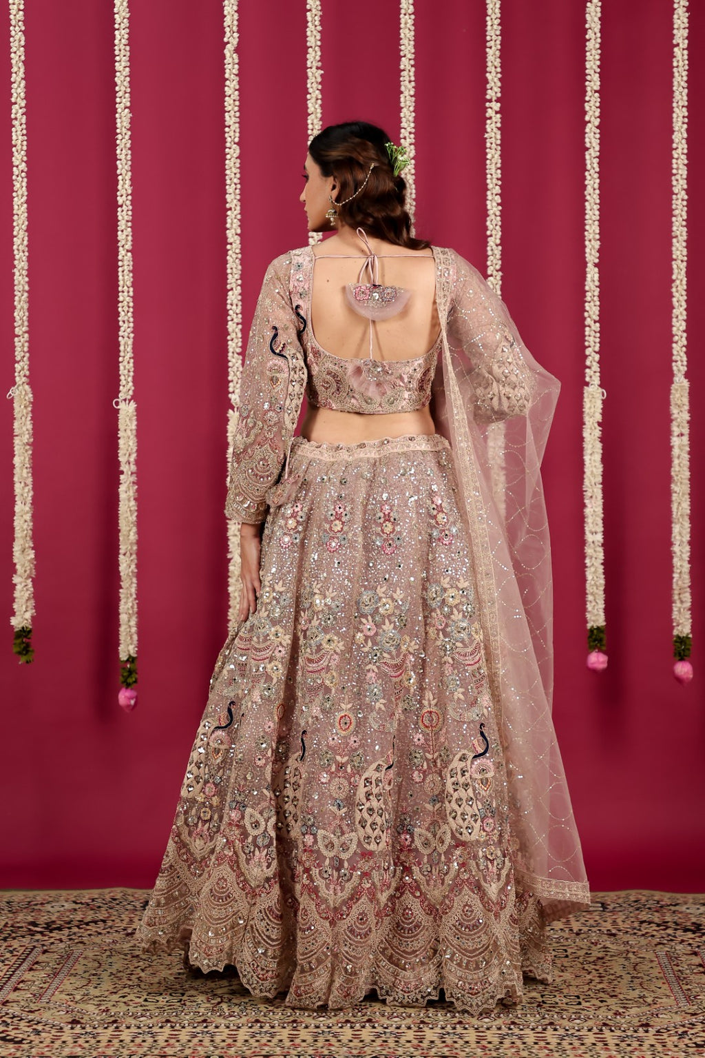 Pink Net Lehenga with Multi Color Full Sequence & Peacock Embroidery Work, Blouse & Dupatta
