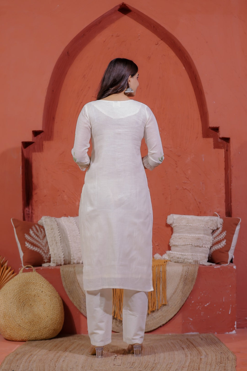 Off White Super Net Cotton Suit with Foil Floral Print, Bottom & Dupatta