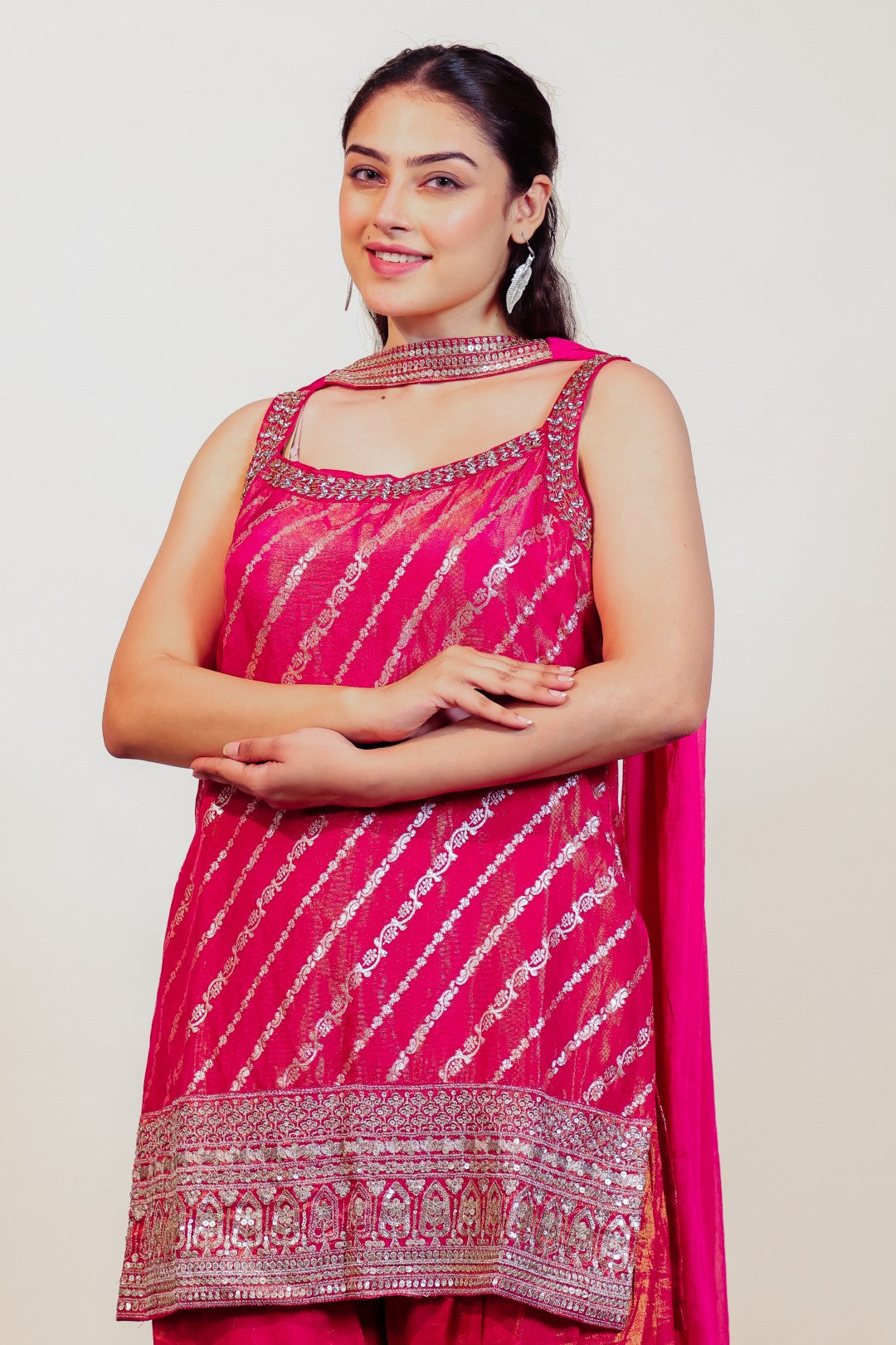 Rani Pink Mosh Silk Suit with Banarsi Print Handwork, Sharara & Dupatta