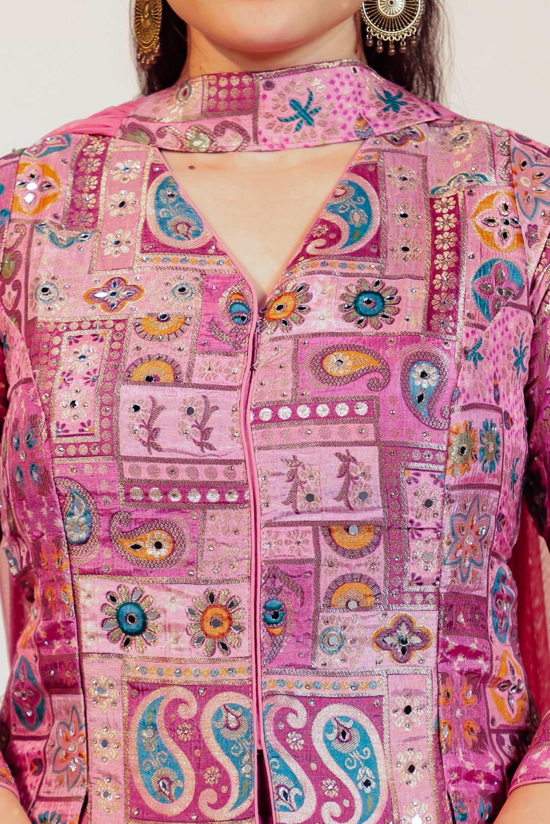 Baby Pink Silk Top with Banarsi Position Print, Sharara & Dupatta