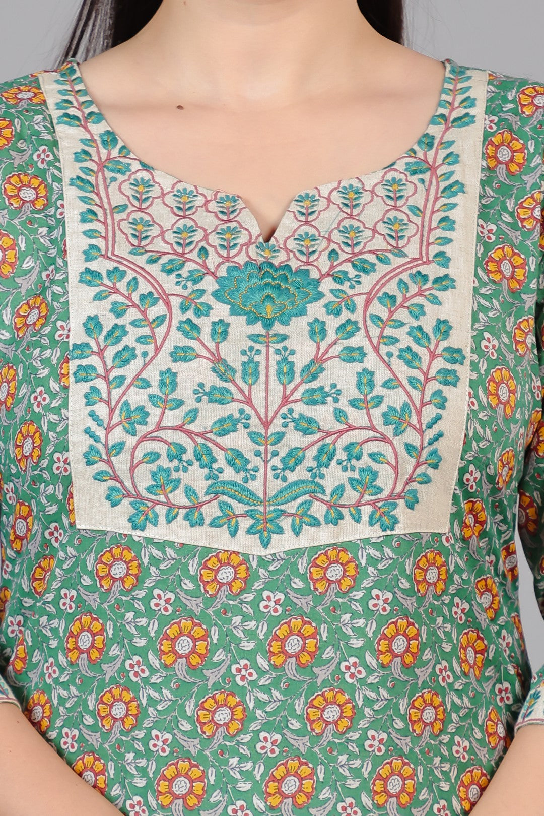 Green Cotton Printed Suit with Thread, Bottom & Dupatta