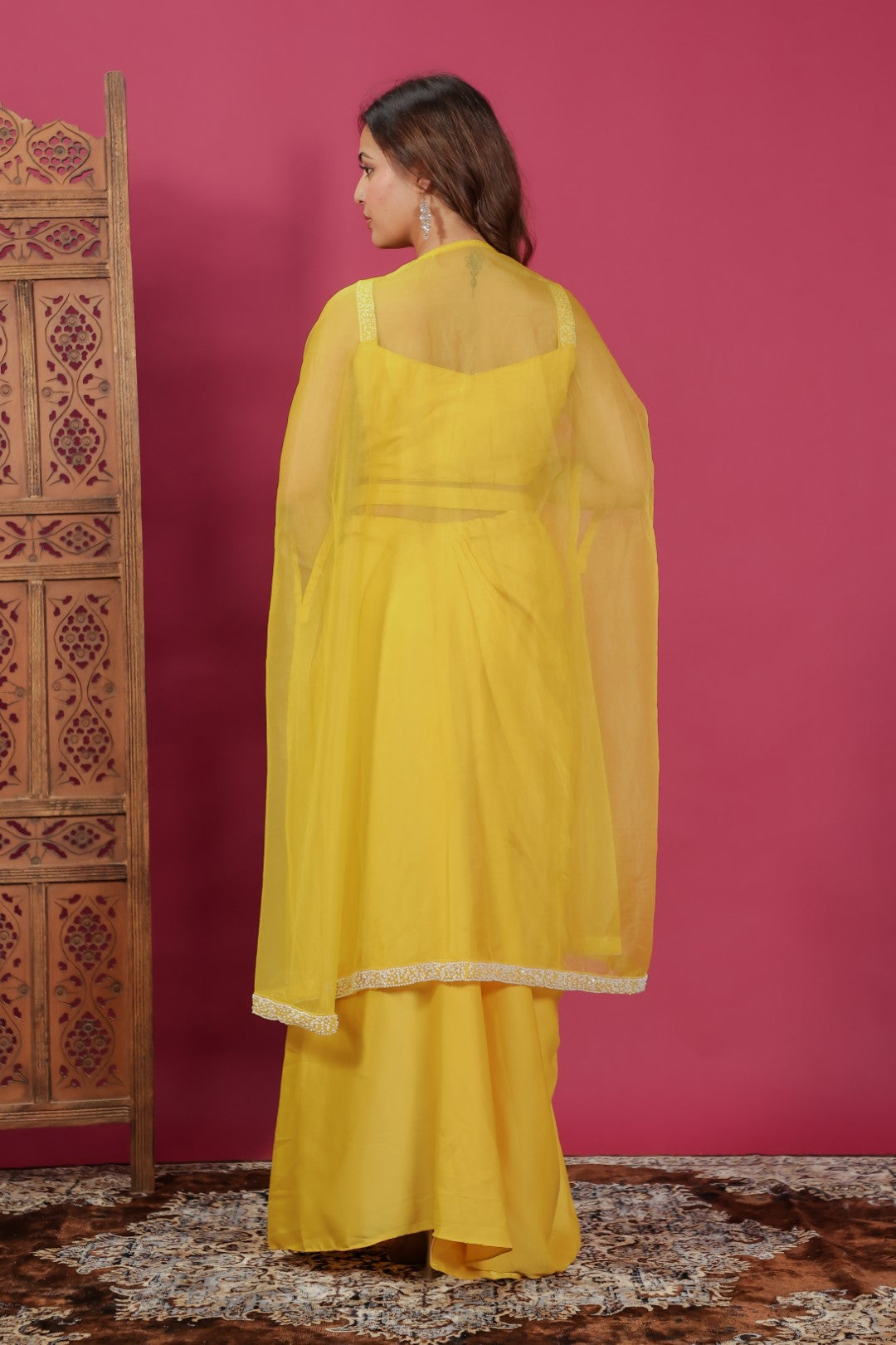 Yellow Satin Silk Dhoti Set with Pearl Handwork Blouse & Shrug