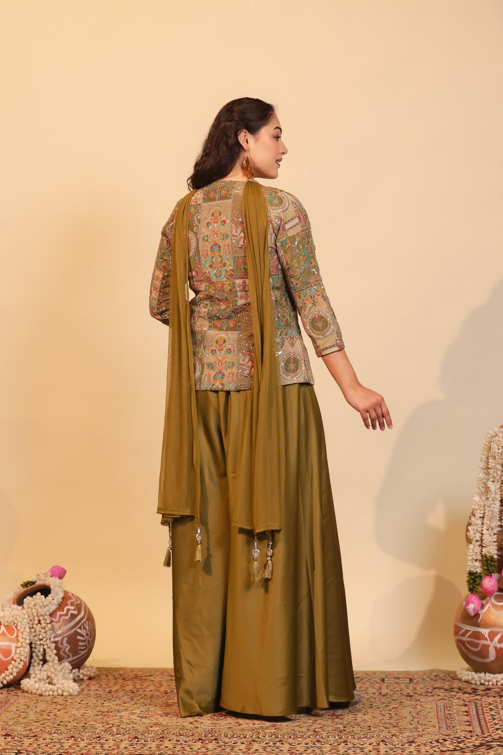 Mehendi Green HO Silk Top with Position Prints & Zari Work, Sharara & Dupatta