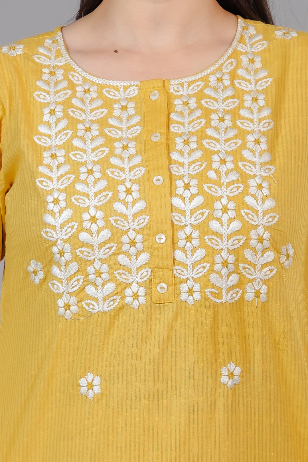 Yellow Cotton Suit with Fine Thread Work, Bottom & Dupatta