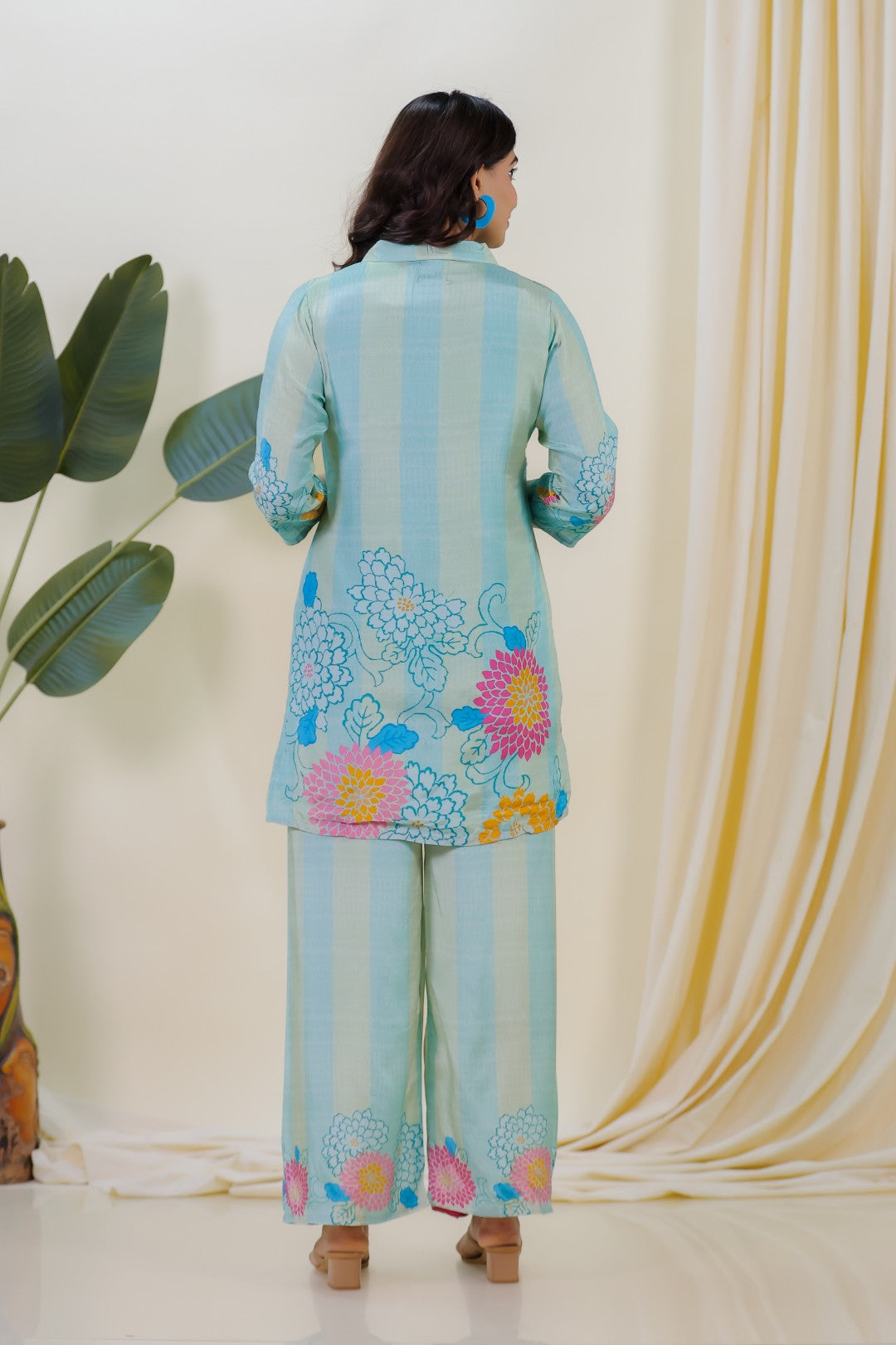 Sky Green & Sky Blue Crepe Silk with Peacock Printed Co-ord Set