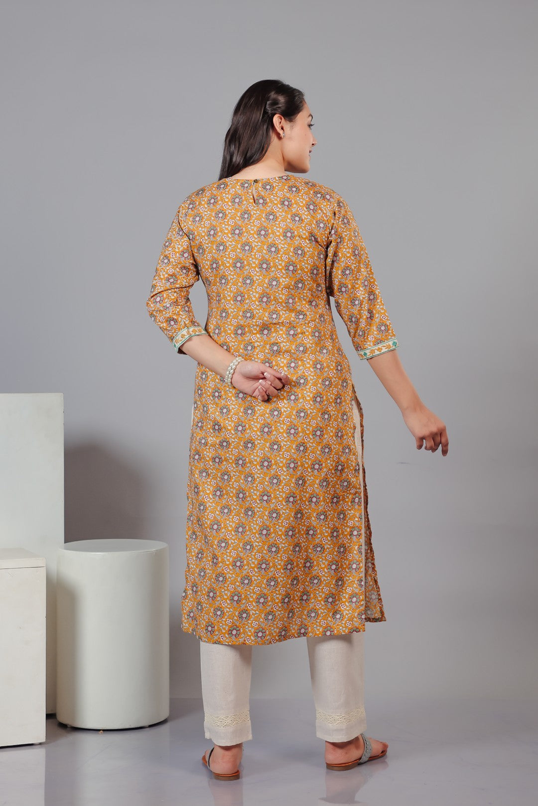 Yellow Cotton Printed Suit with Thread Work, Bottom & Dupatta