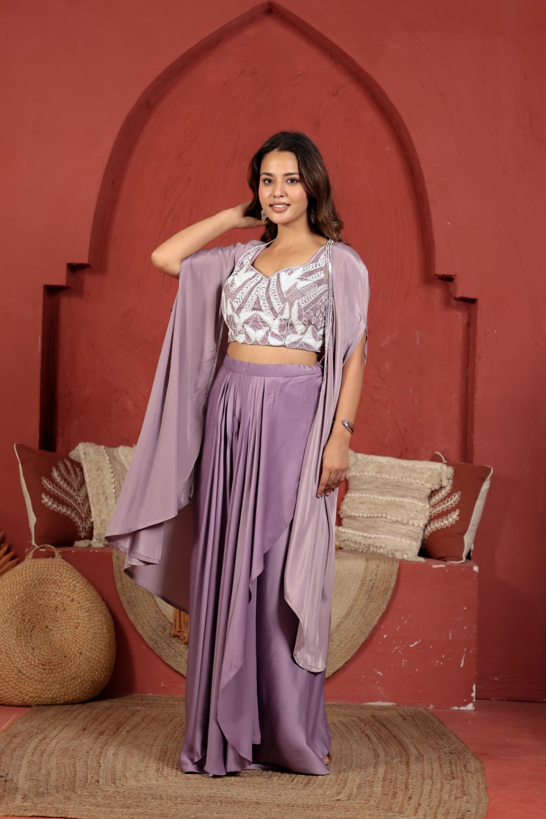 Lavender Crepe Silk Blouse with Pearl & Piping Handwork, Sharara & Shrug