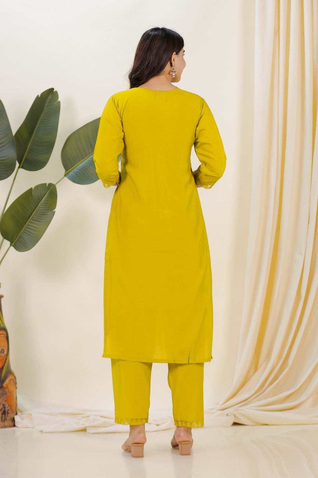 Olive Yellow Muslin Suit with Embroidery, Bottom & Dupatta
