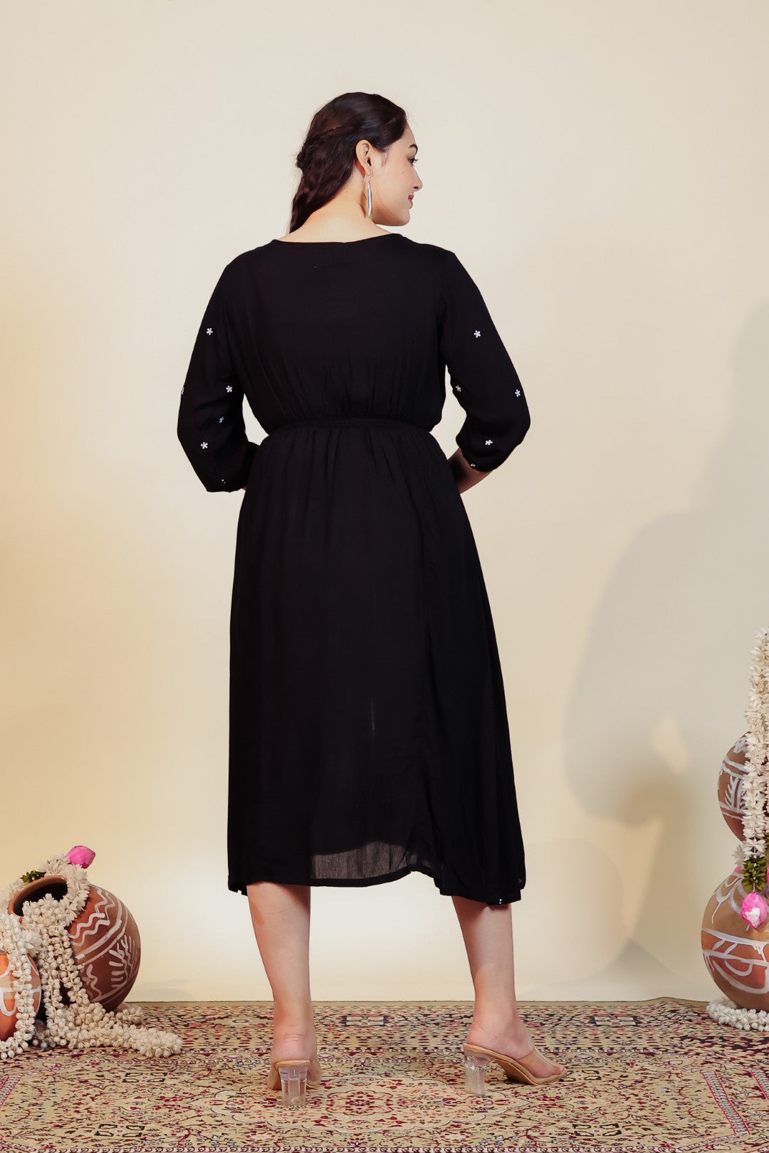 Black Rayon with White Thread Work Midi Dress