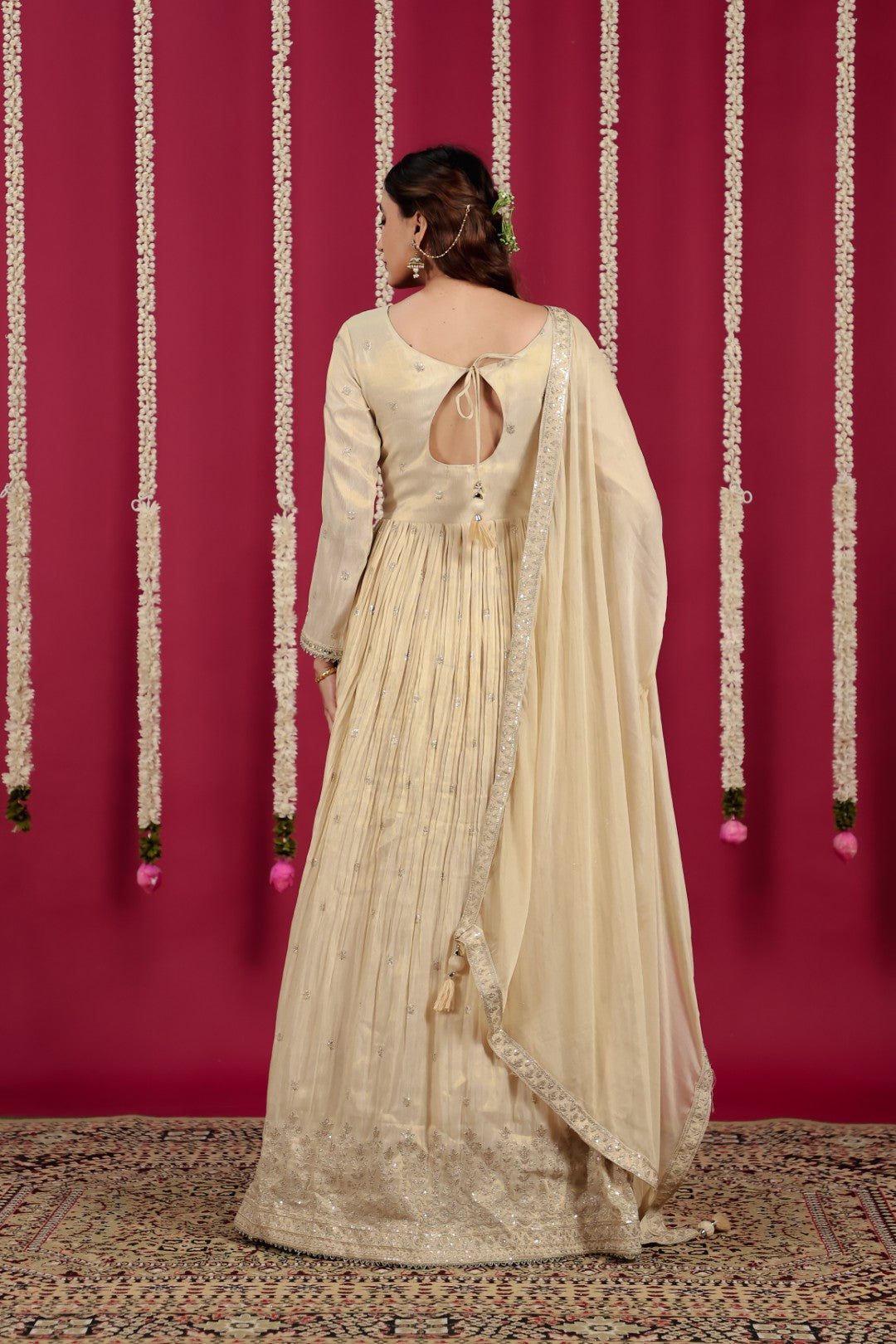 Golden Off White Mosh Silk with Zari Work Gown & Dupatta