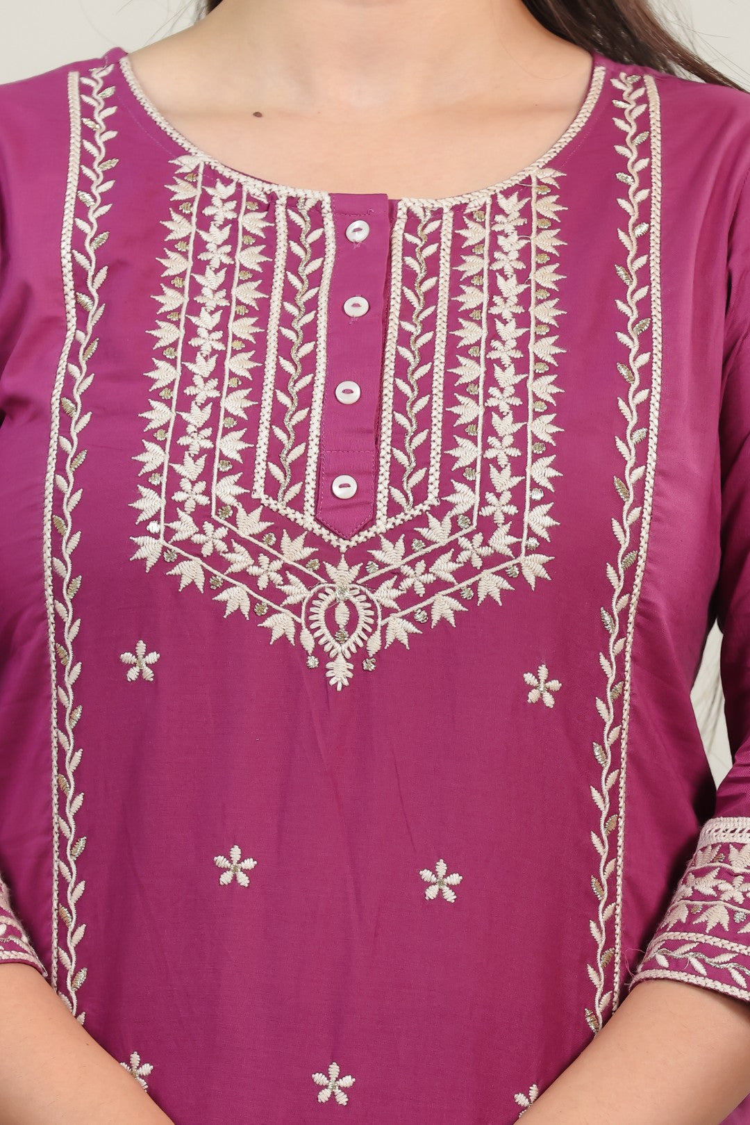 Purple Pink Cotton Suit with Fine Thread Work, Bottom & Dupatta