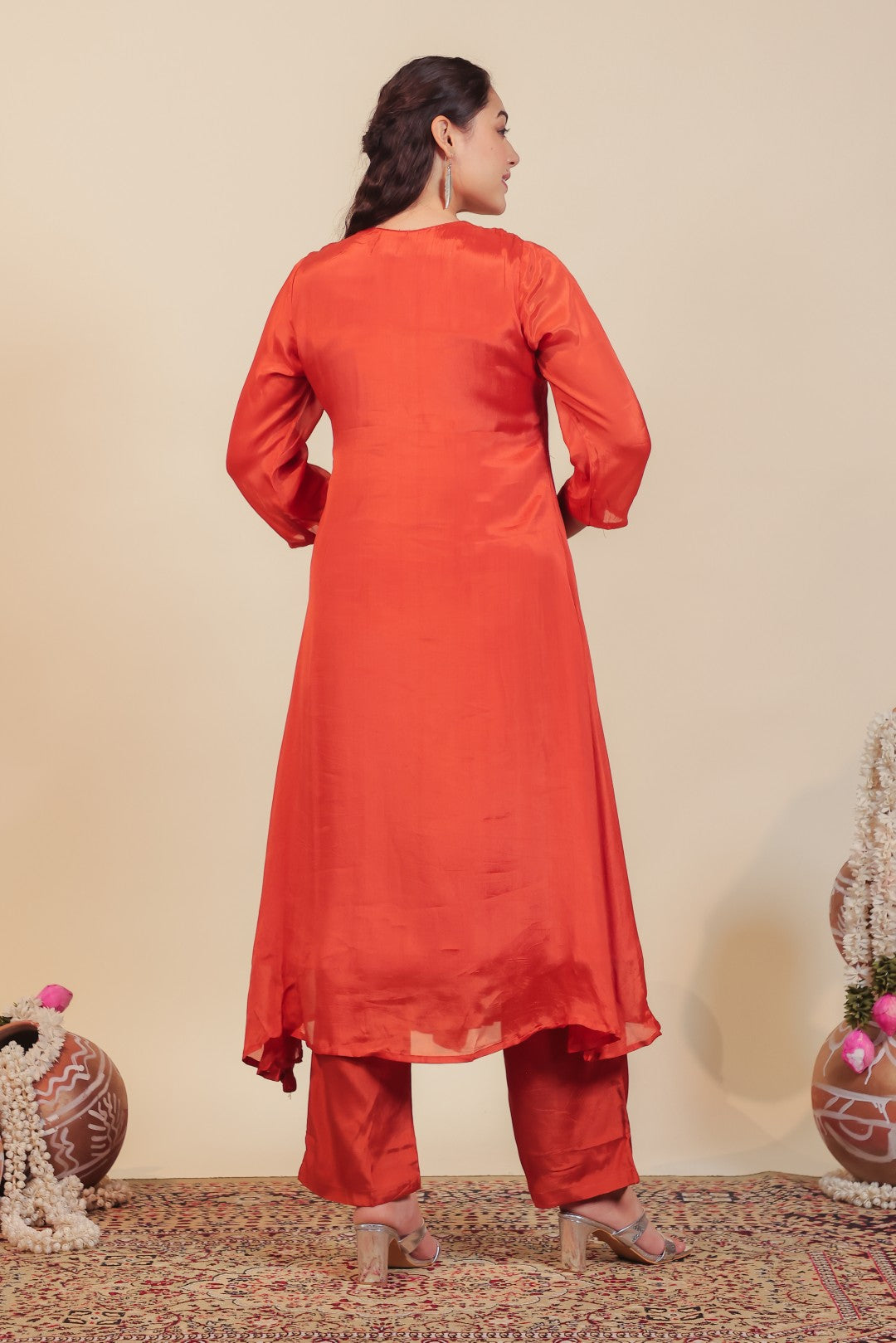 Rust Chinon Suit with Handwork, Bottom & Dupatta