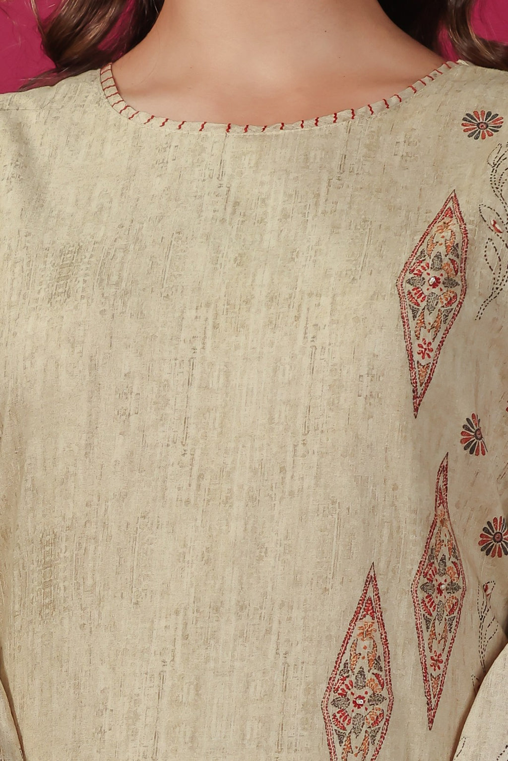 Beige Cotton Katha Print Suit, Bottom & Dupatta