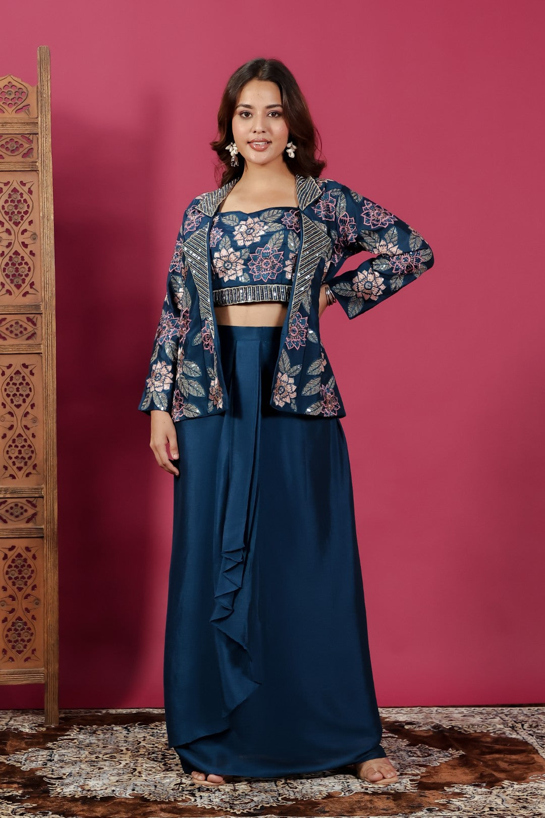 Dark Teal Blue Chinon Silk Blouse with Thread & Sequence Work, Jacket & Dhoti