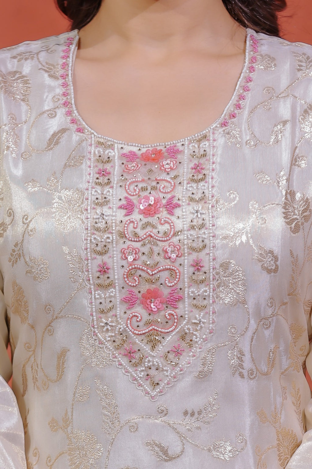 Off White Mosh Silk Suit with Full Banarasi Work, Pant & Dupatta