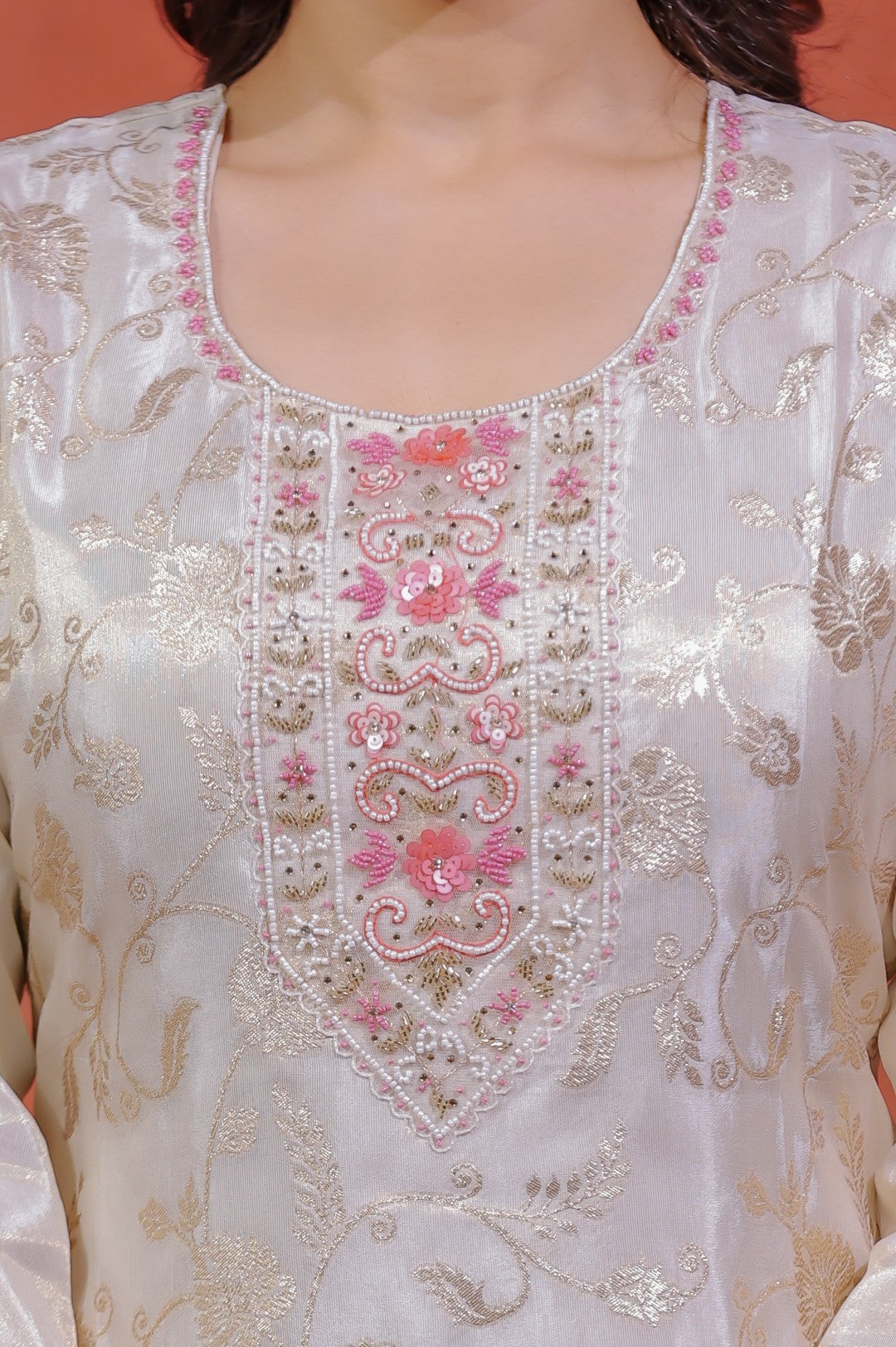 Off White Mosh Silk Suit with Full Banarasi Work, Pant & Dupatta