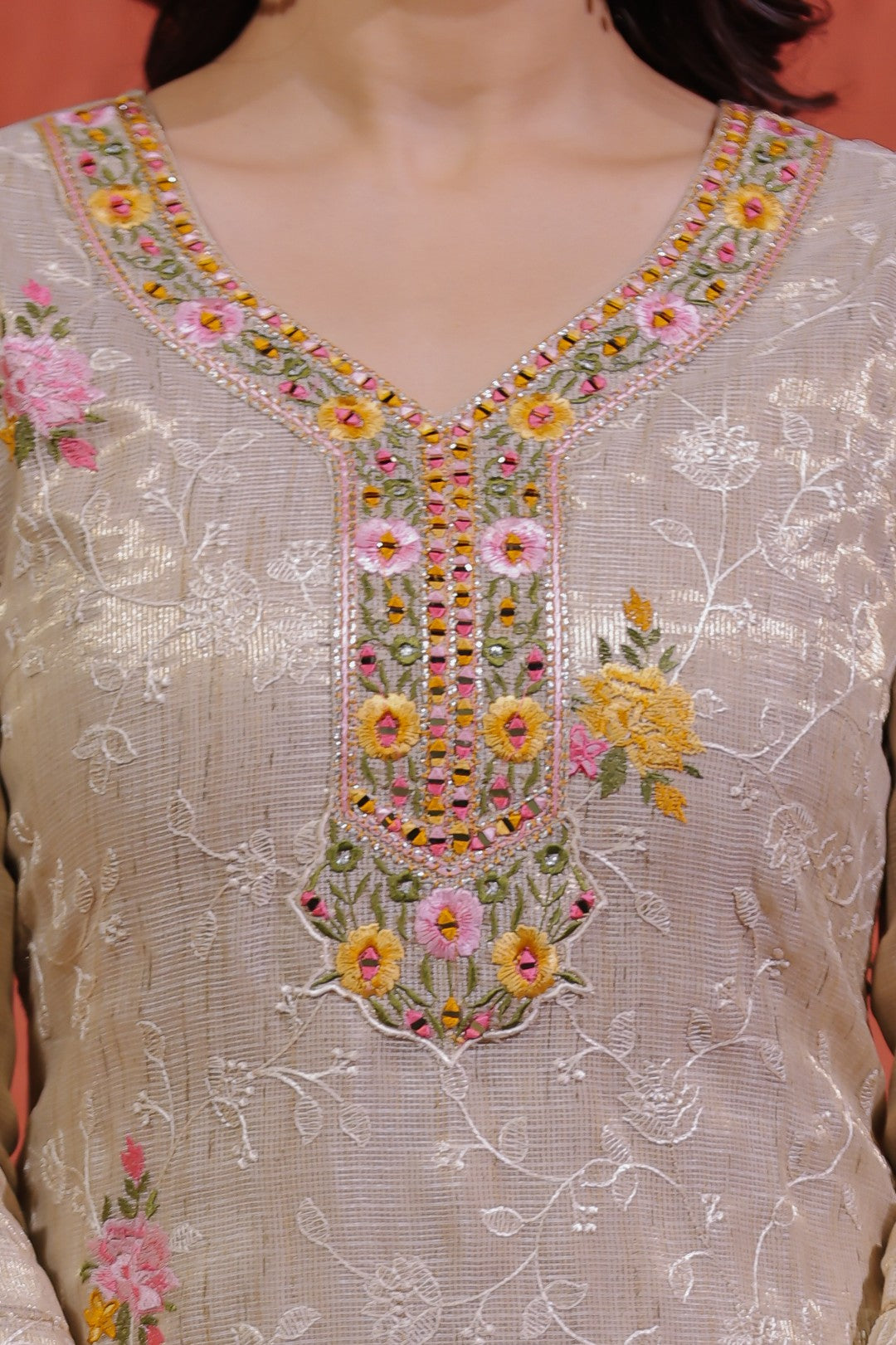 Beige Pure Chanderi Silk Suit with Thread Jaal Embroidery, Pant & Dupatta