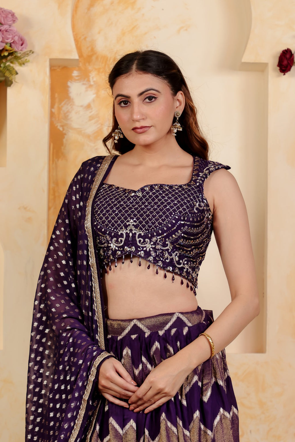 Purple Dola Silk Blouse with Zari Work, Lehenga & Dupatta