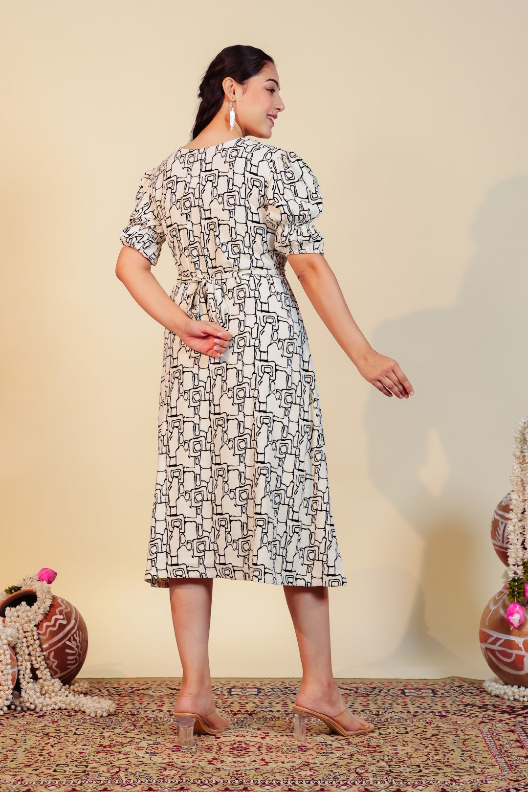 Off White Lycra with Geometric Printed Midi Dress