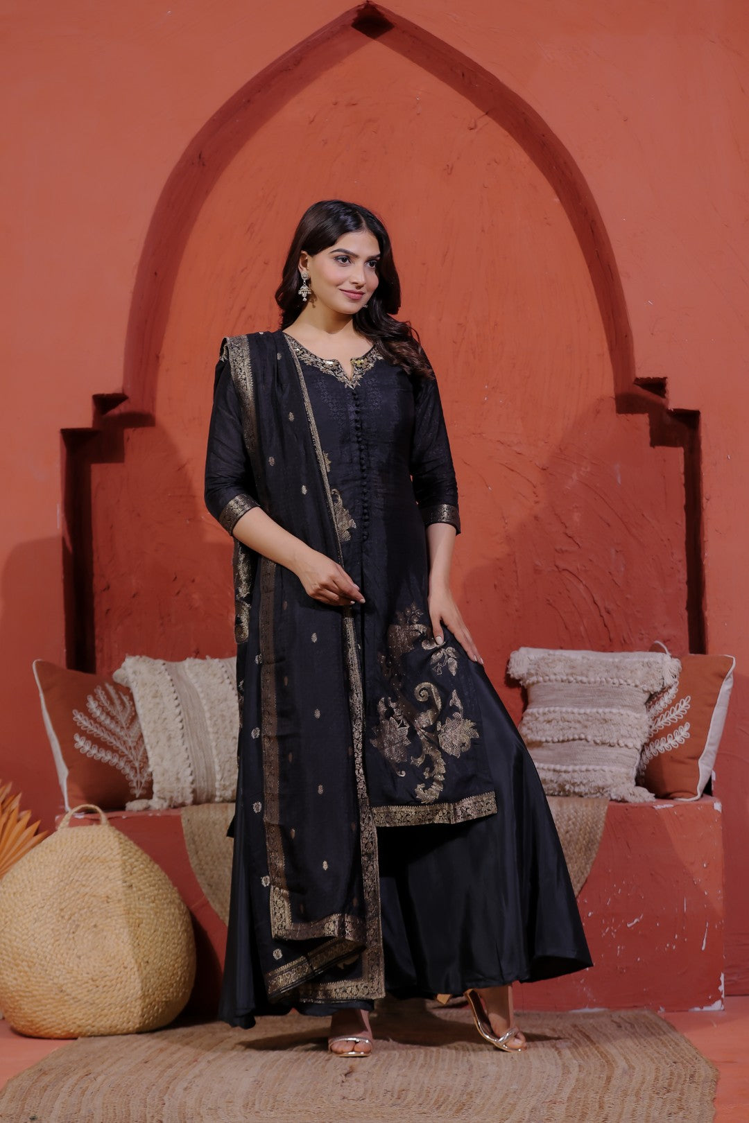 Black Jacquard Silk Banarasi Suit with Handwork, Sharara & Dupatta