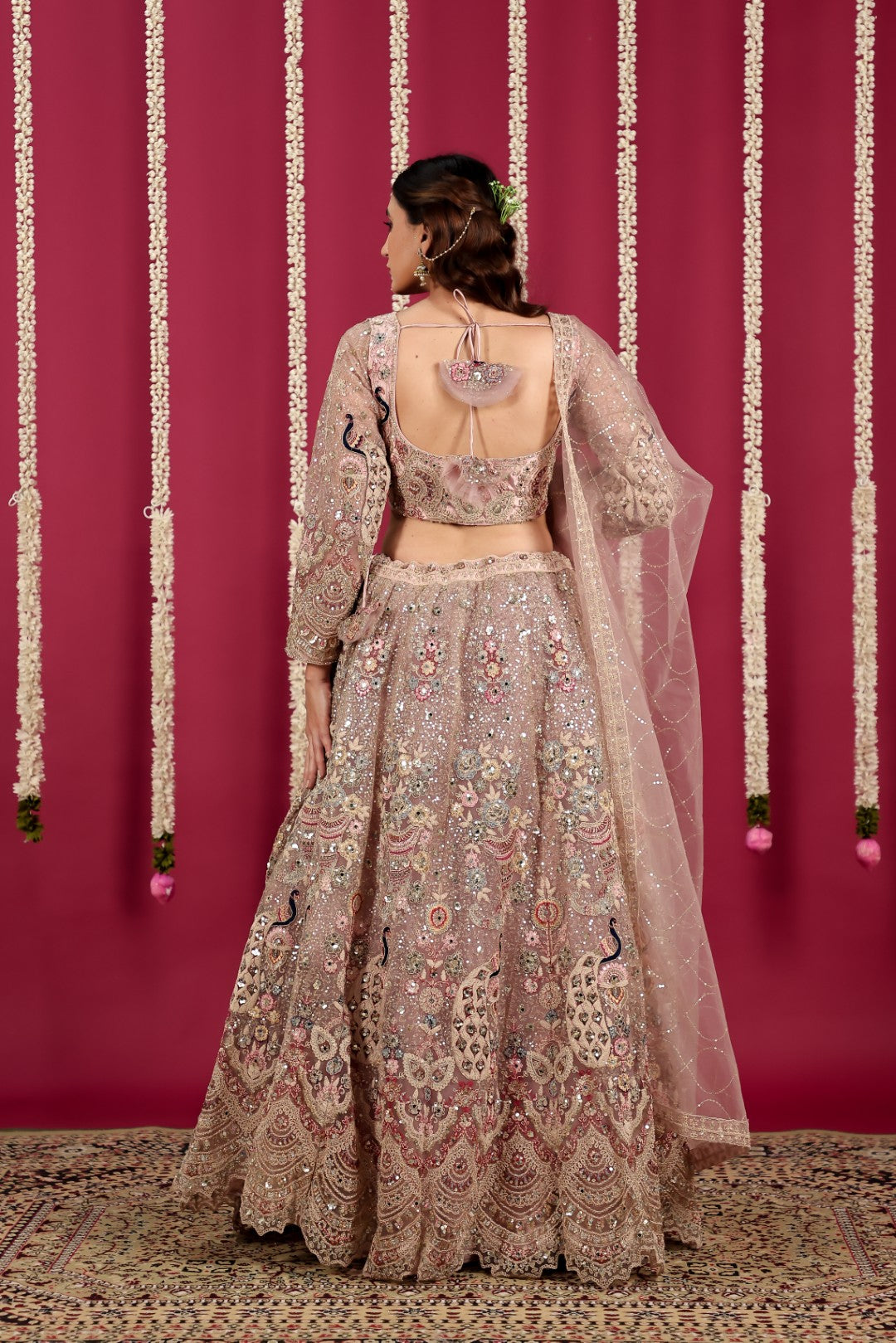 Pink Net Lehenga with Heavy Embroidery and Matching Blouse & Dupatta