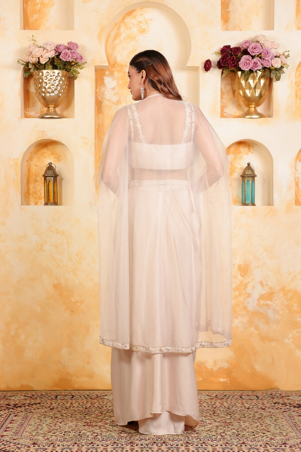 Beige Satin Blouse with Full Handwork, Beige Satin Dhoti & Shrug