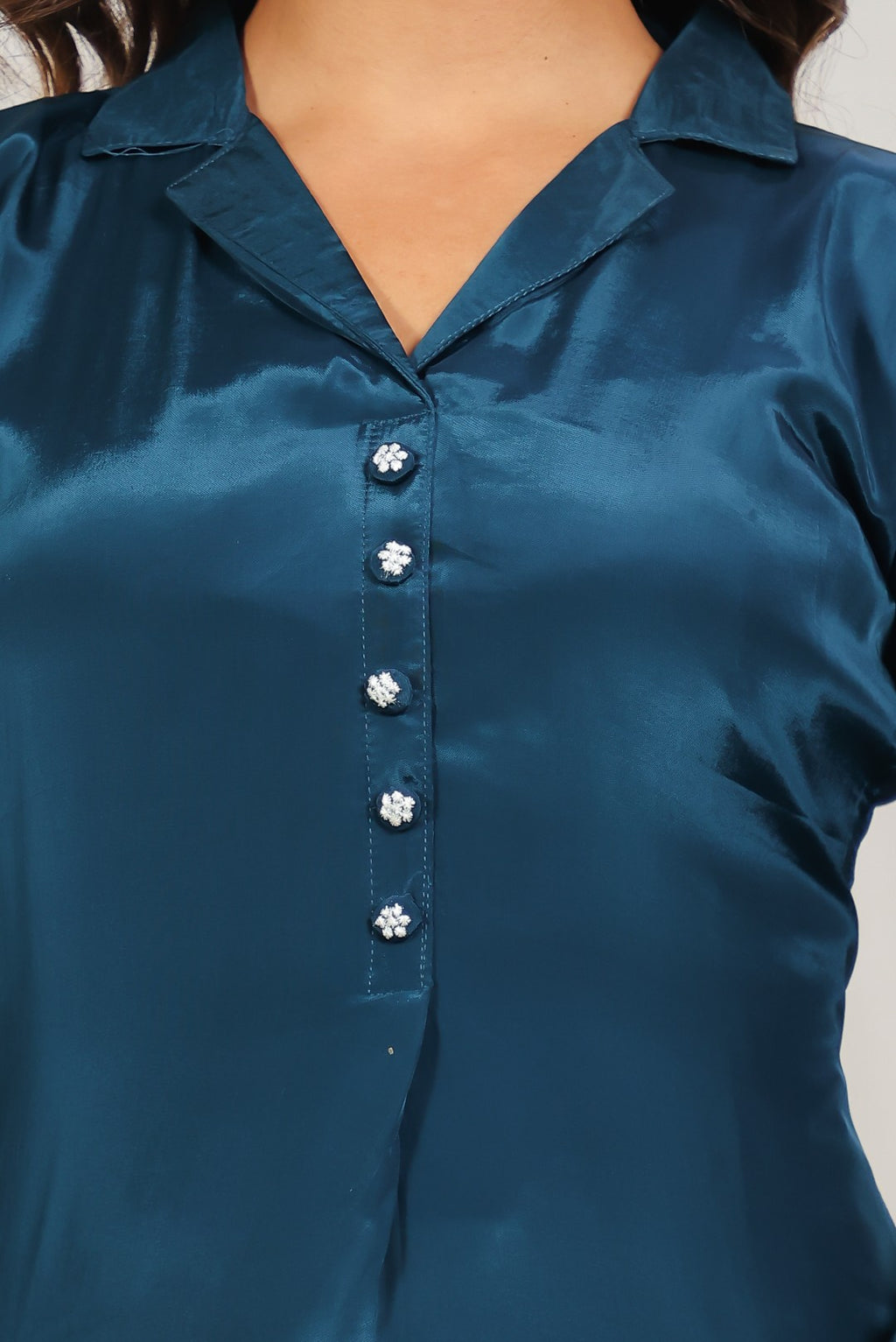 Diesel Blue Crepe Silk with White Thread Work Co-ord Set