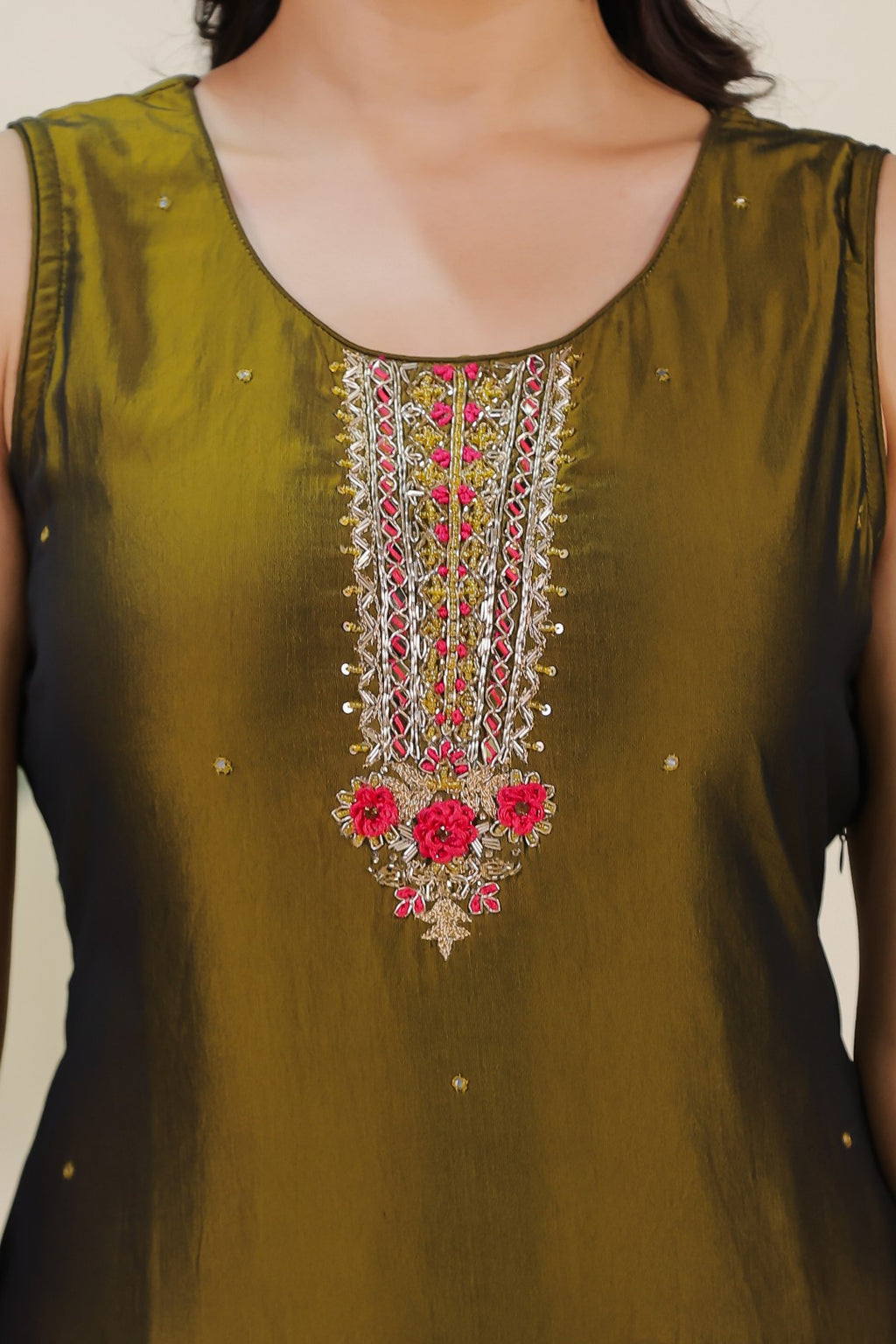 Mehendi Green Muslin Silk Suit with Handwork, Bottom & Dupatta