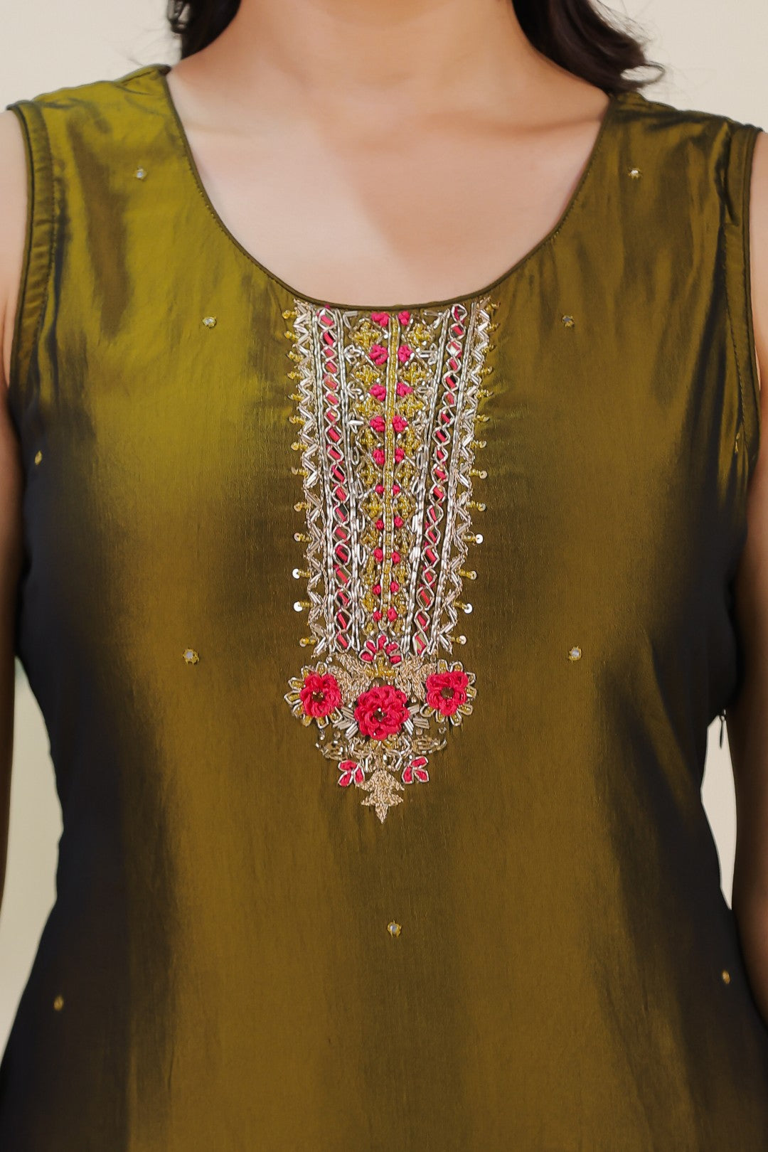 Mehendi Green Muslin Silk Suit with Handwork, Bottom & Dupatta