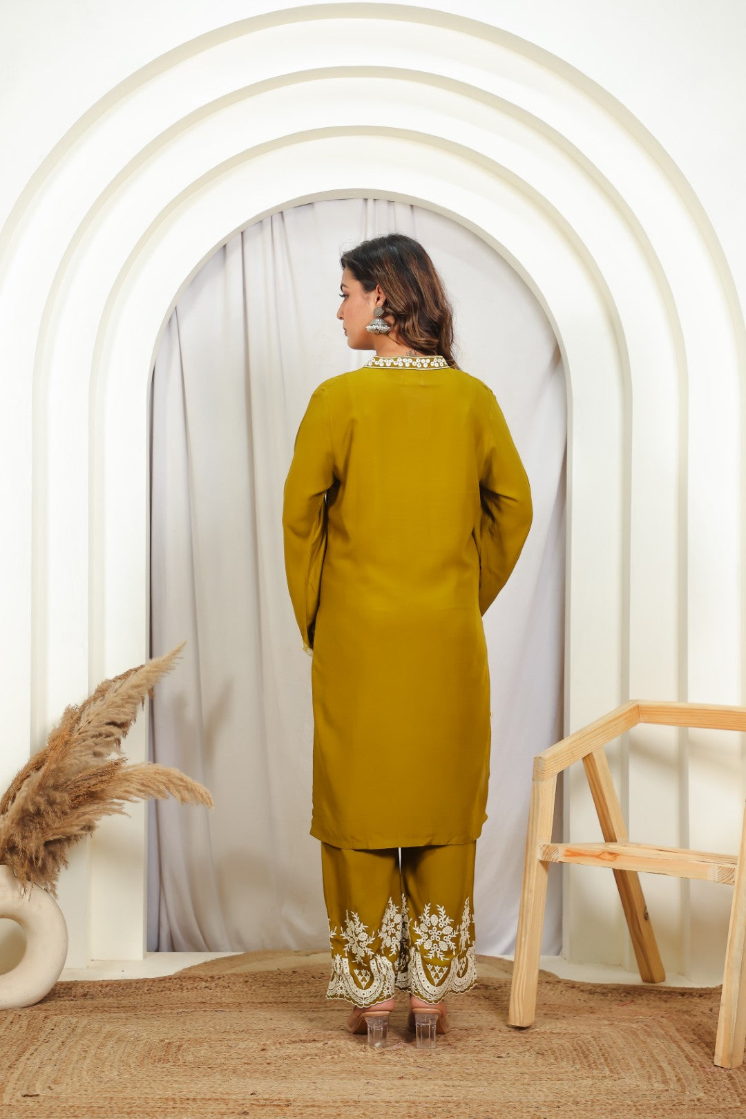 Mehendi Green Rayon Cotton Suit with Thread Work, Palazzo & Dupatta