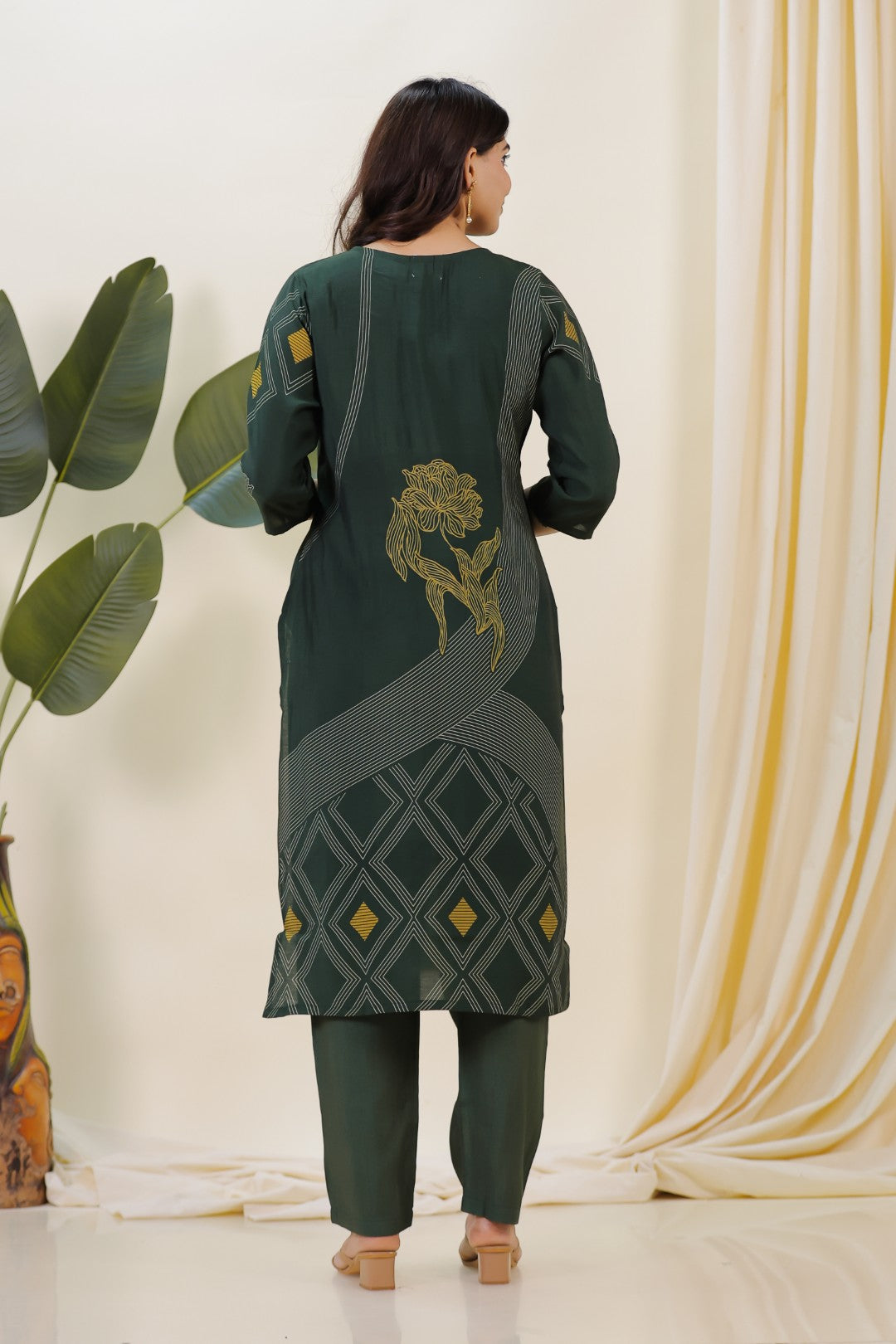 Dark Green Muslin Printed Handwork Suit with Bottom & Dupatta