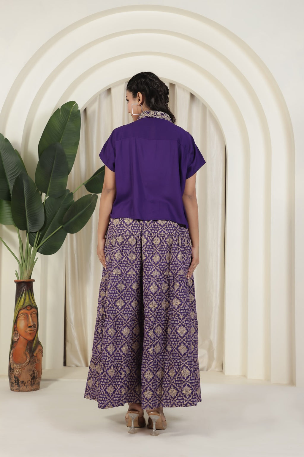 Purple Cotton Top with Zariwork and Foil Printed Skirt