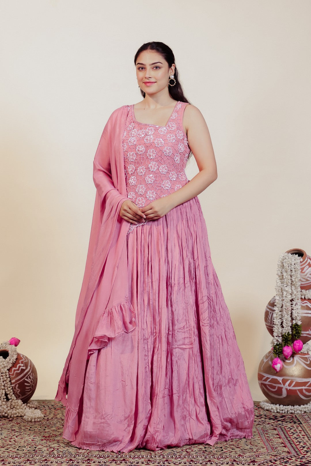 Baby Pink Chinon Silk with Patch Handwork Gown & Dupatta